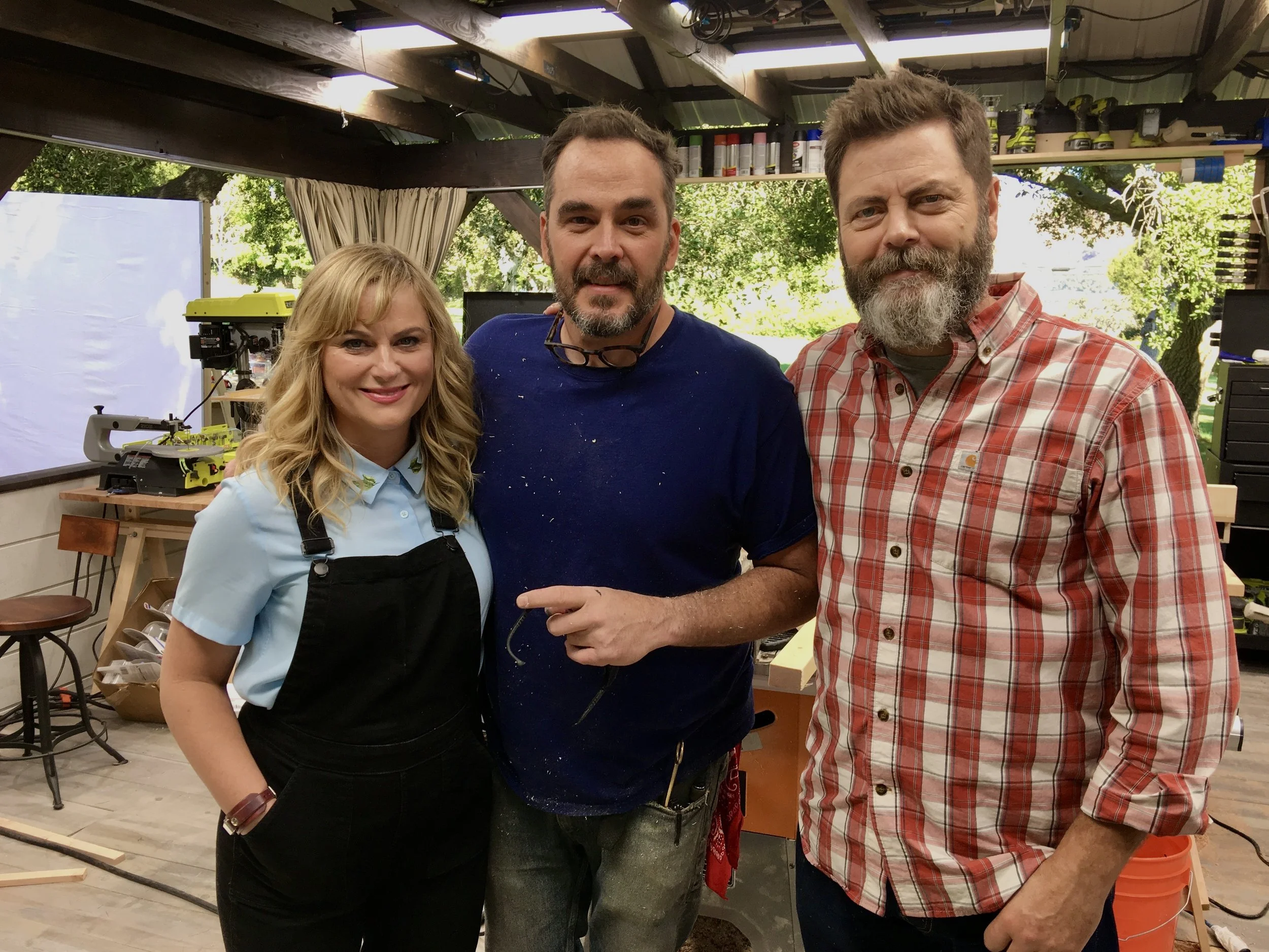Amy Poehler, Jimmy DiResta and Nick Offerman on the set of Making It. Photo by Lisa Kholostenko