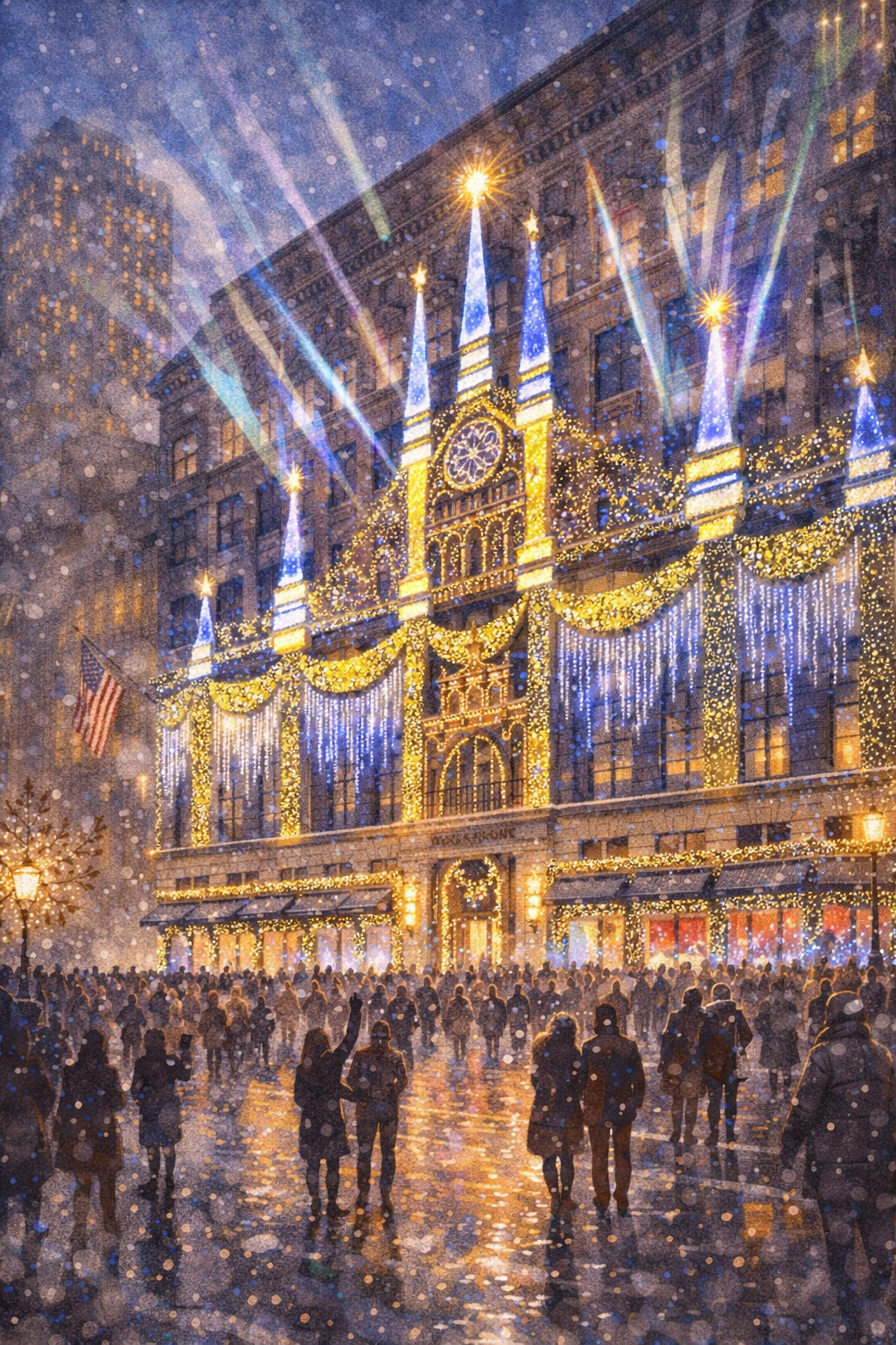 A festive holiday display on a building with bright Christmas lights and decorations, including blue and yellow lights, garlands, and star-shaped ornaments, with a crowd of people walking and celebrating on the street during snowfall at night.
