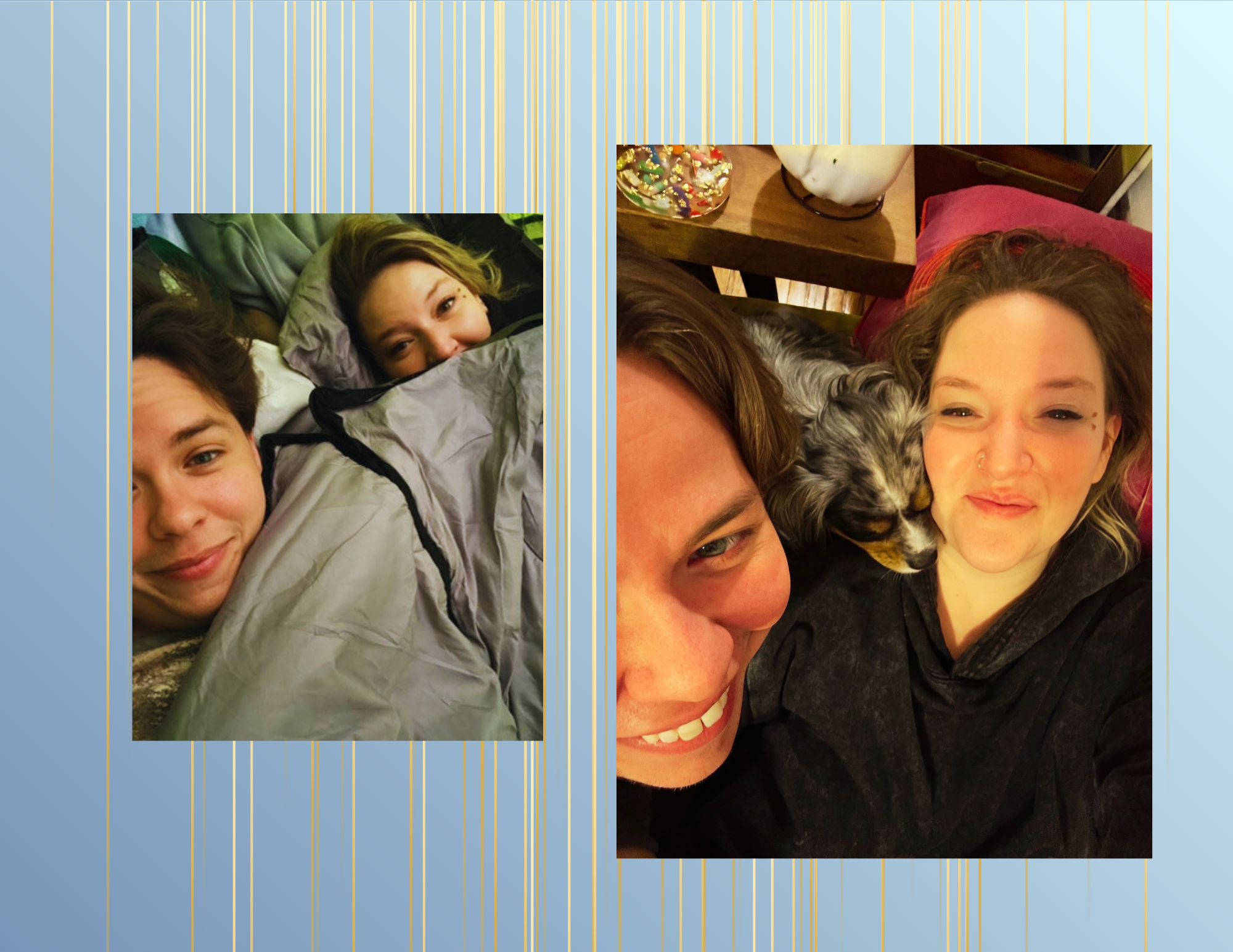 Two photos of young adults, one with a woman and a man, and the other with two women and a puppy, all lying on beds or couches, smiling and having a good time.