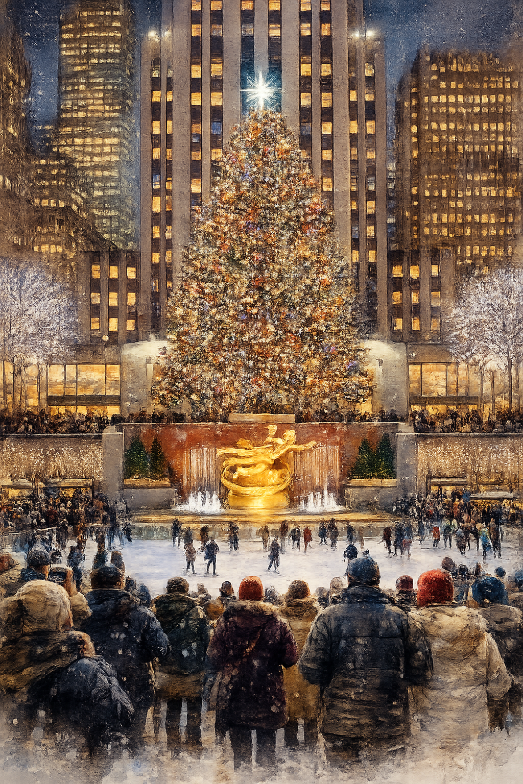 Night scene of Rockefeller Center during Christmas with a decorated Christmas tree, skating rink with people, and a crowd gathered, surrounded by tall buildings.
