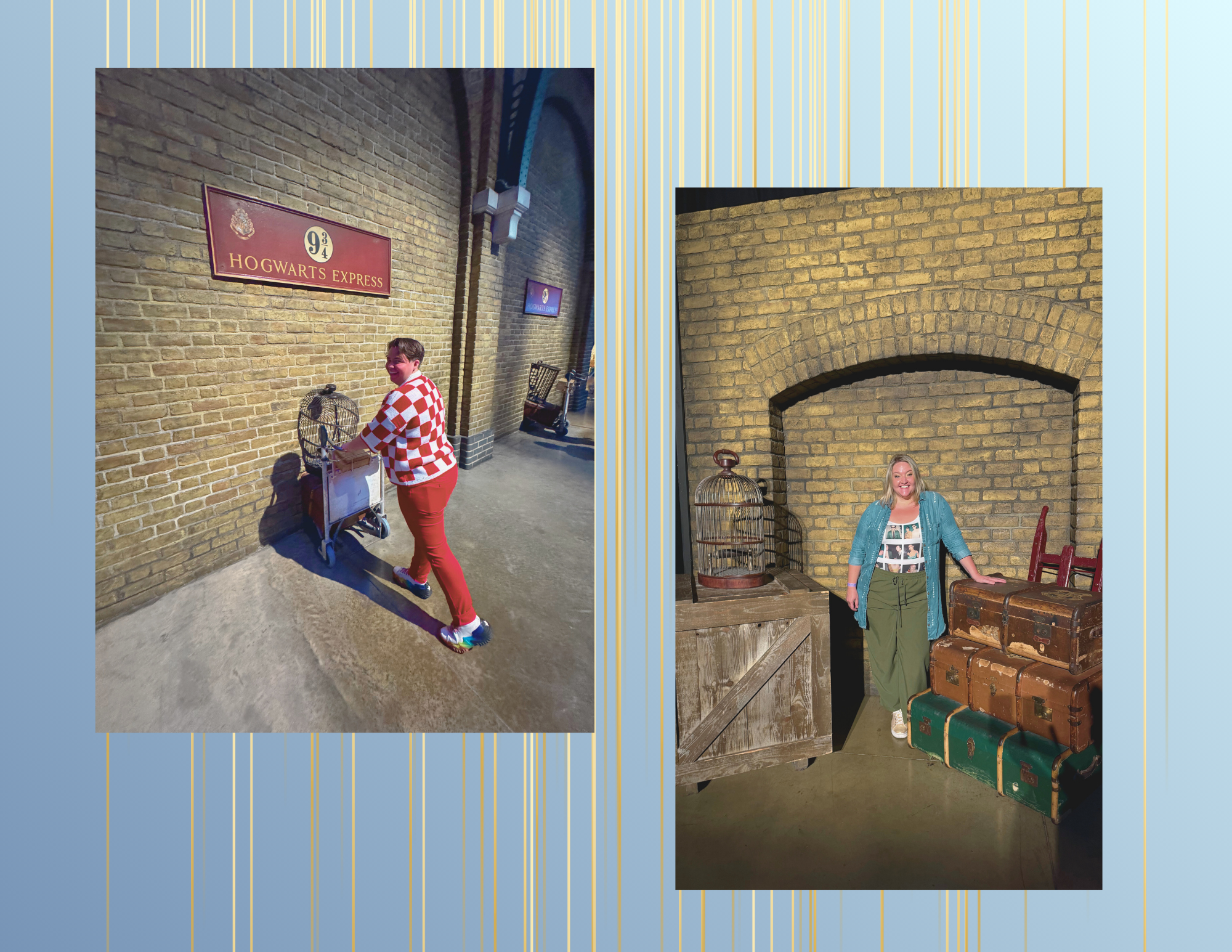 Two women posing in themed Harry Potter exhibits: the first woman is smiling and pushing a luggage cart at the Hogwarts Express platform; the second woman is smiling, standing next to vintage trunks and antique birdcages in a brick-walled setting.