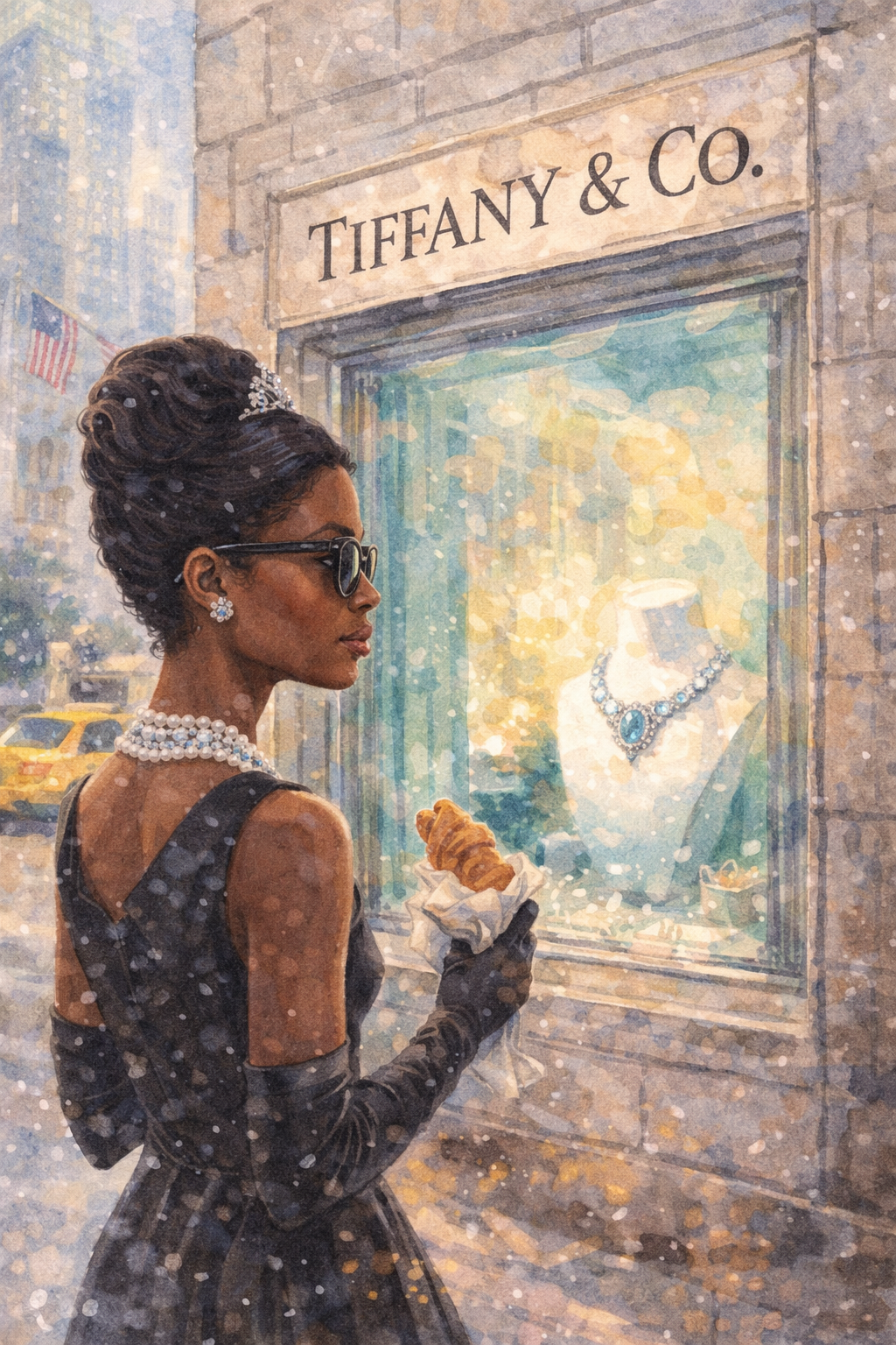 A woman dressed in elegant black gown and long black gloves, wearing pearl jewelry and sunglasses, stands outside Tiffany & Co. store in New York City, holding a croissant.