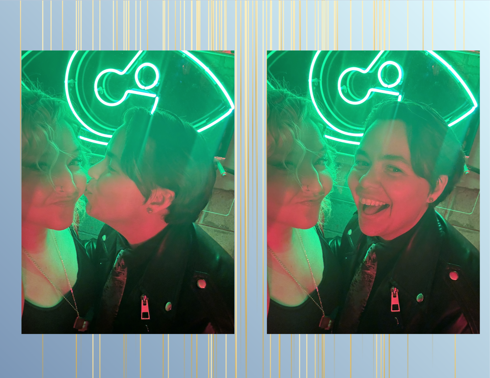 Two women in front of a neon sign with a face outline. One woman is about to kiss the other, who has short hair and is smiling.