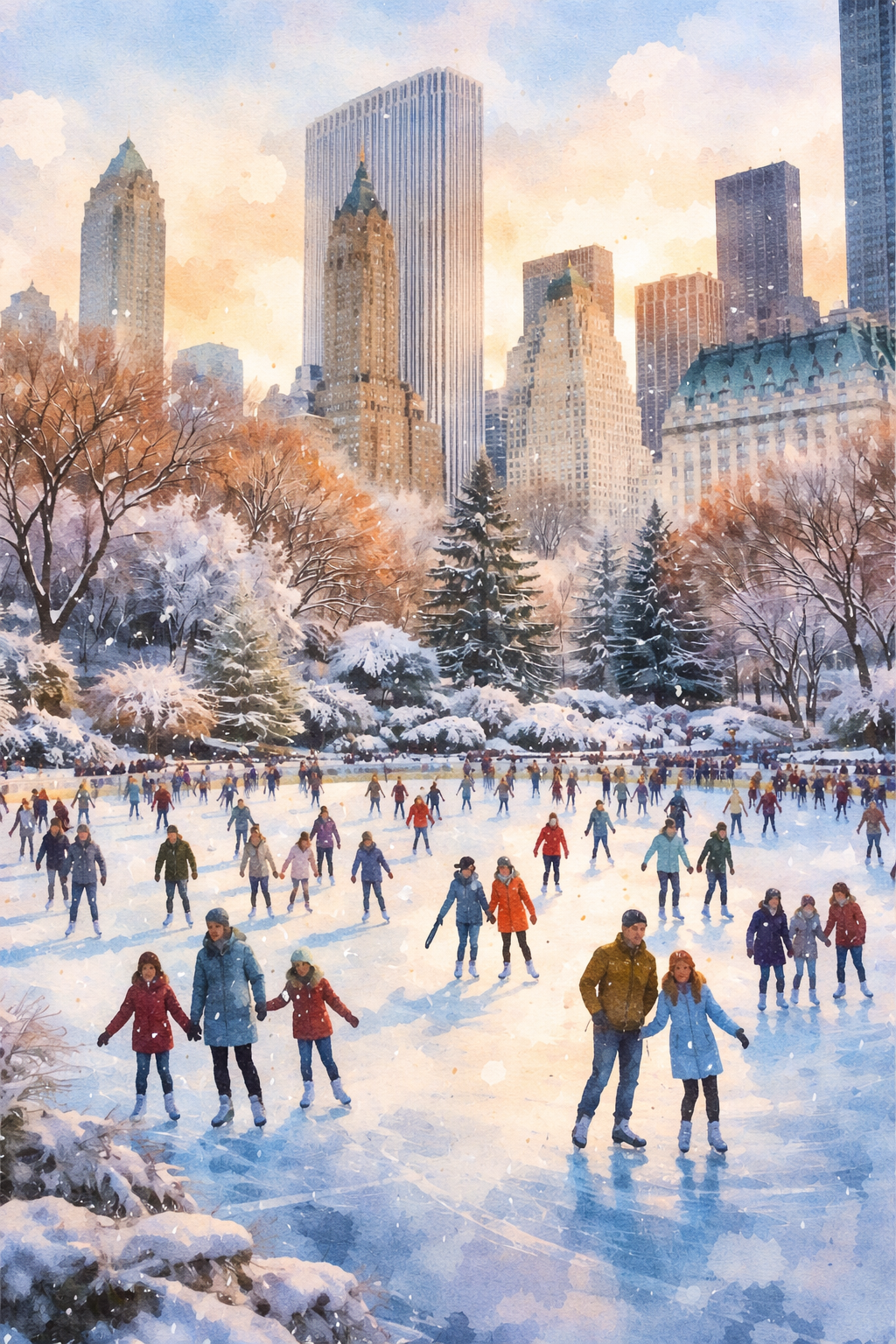 People ice skating in a snow-covered park with city skyscrapers in the background during winter.