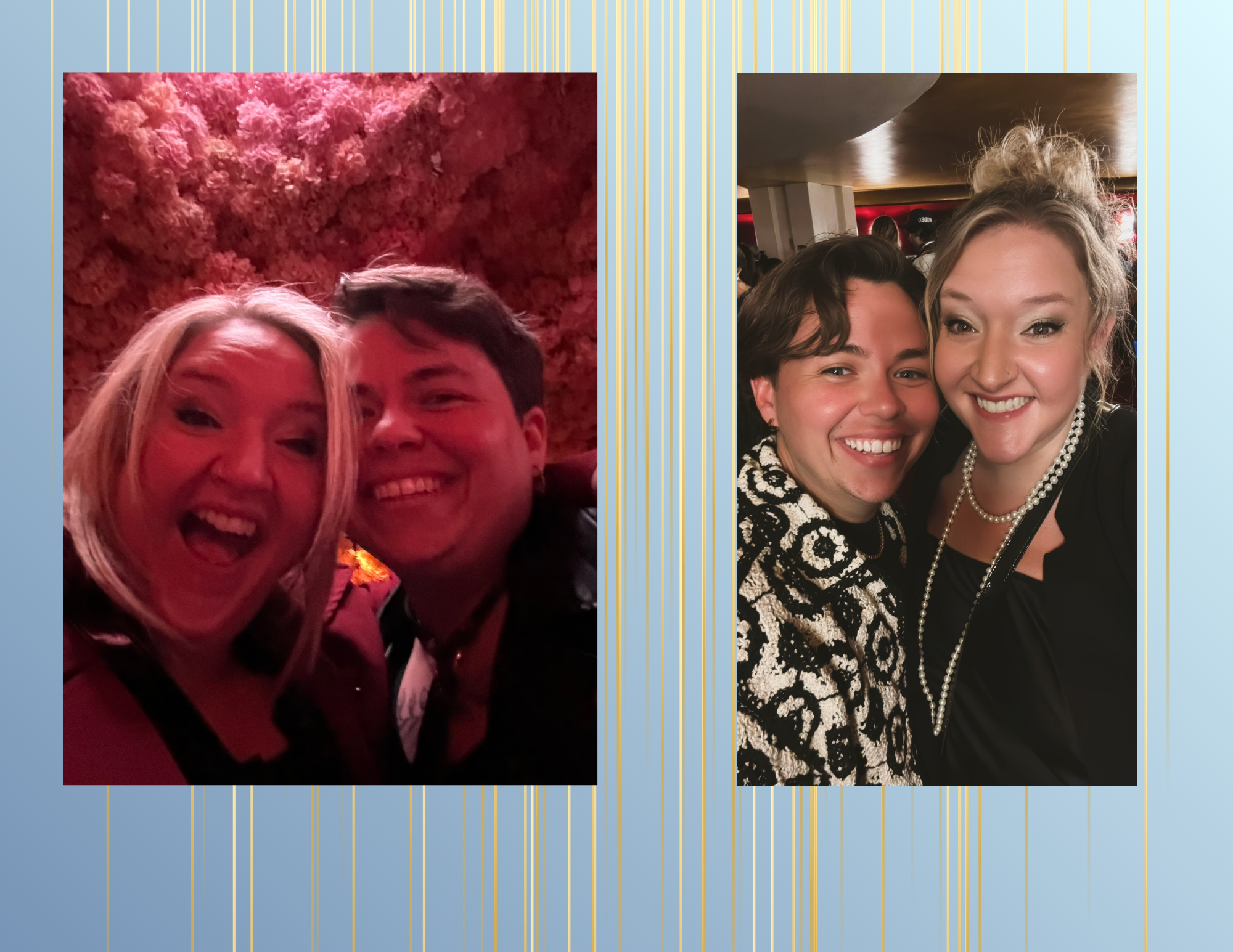 Two side-by-side photos of smiling women at a social event. In the left photo, a woman with light blonde hair and a man with dark hair are close together, smiling with an orange-pink background. In the right photo, two women are close together, smili