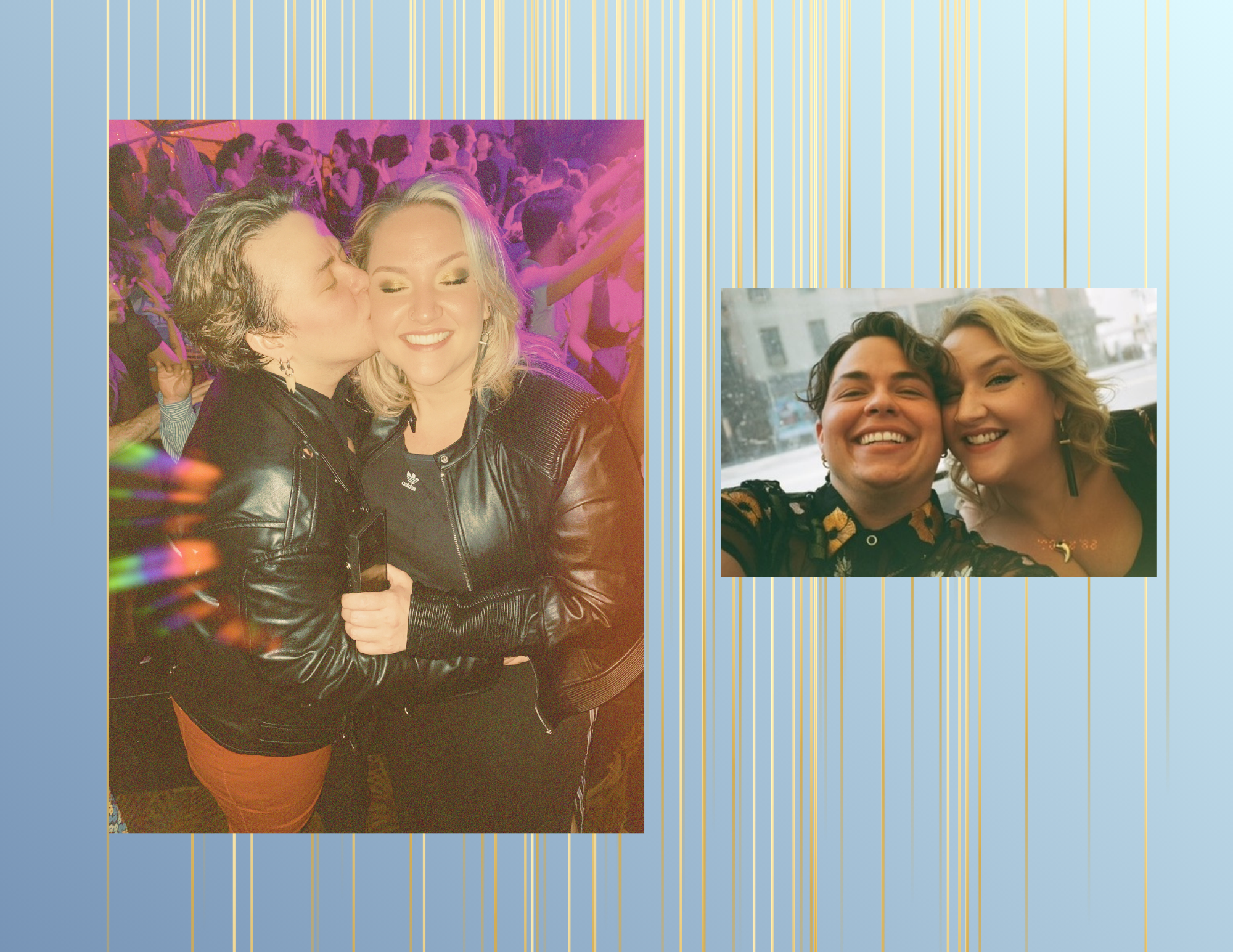 Two women in a close embrace, one pressing a kiss on the other's cheek at a lively party. In a separate photo, two women smile together, taking a selfie inside a city street.