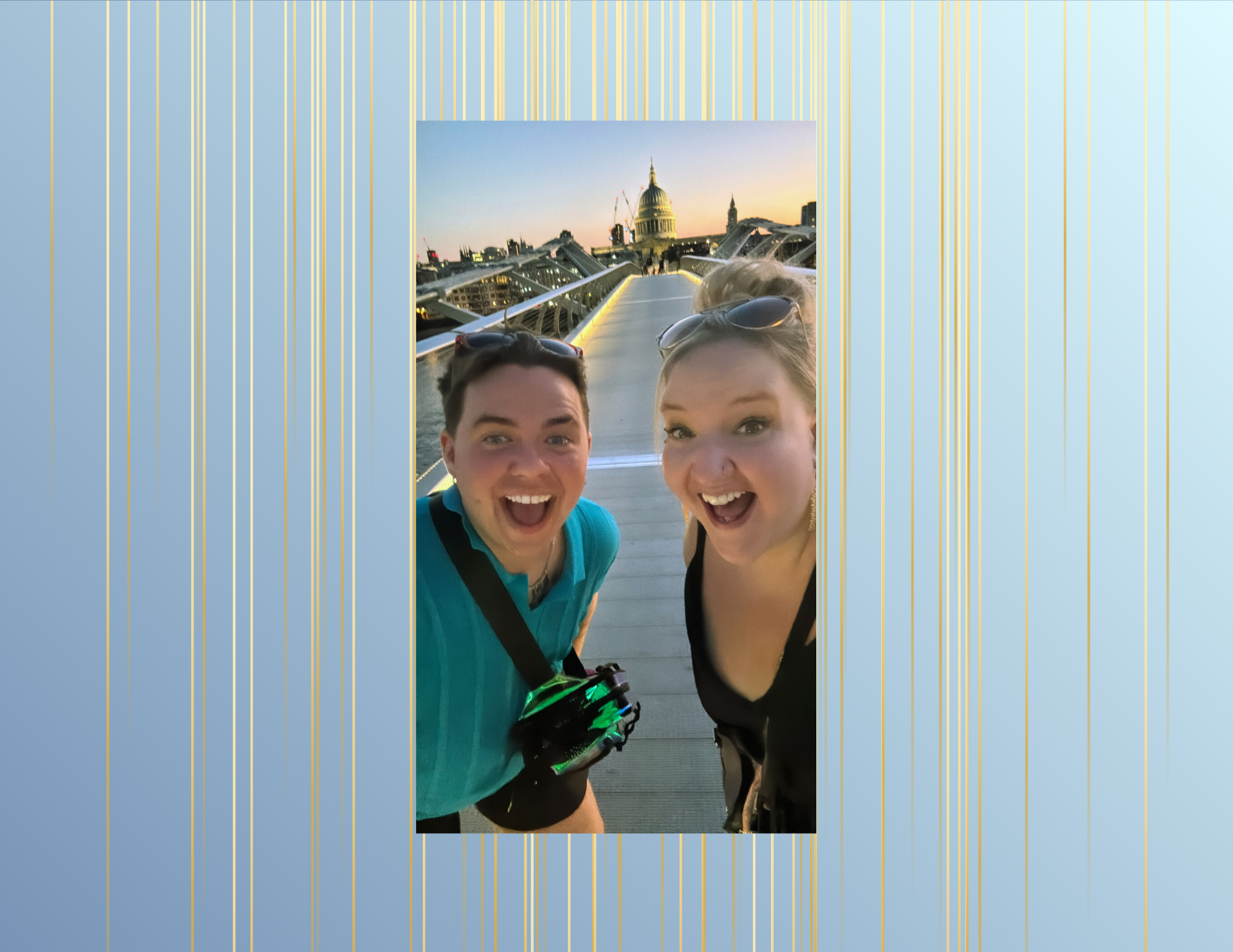 Two women taking a selfie on Millennium Bridge in London at sunset with St. Paul's Cathedral in the background.