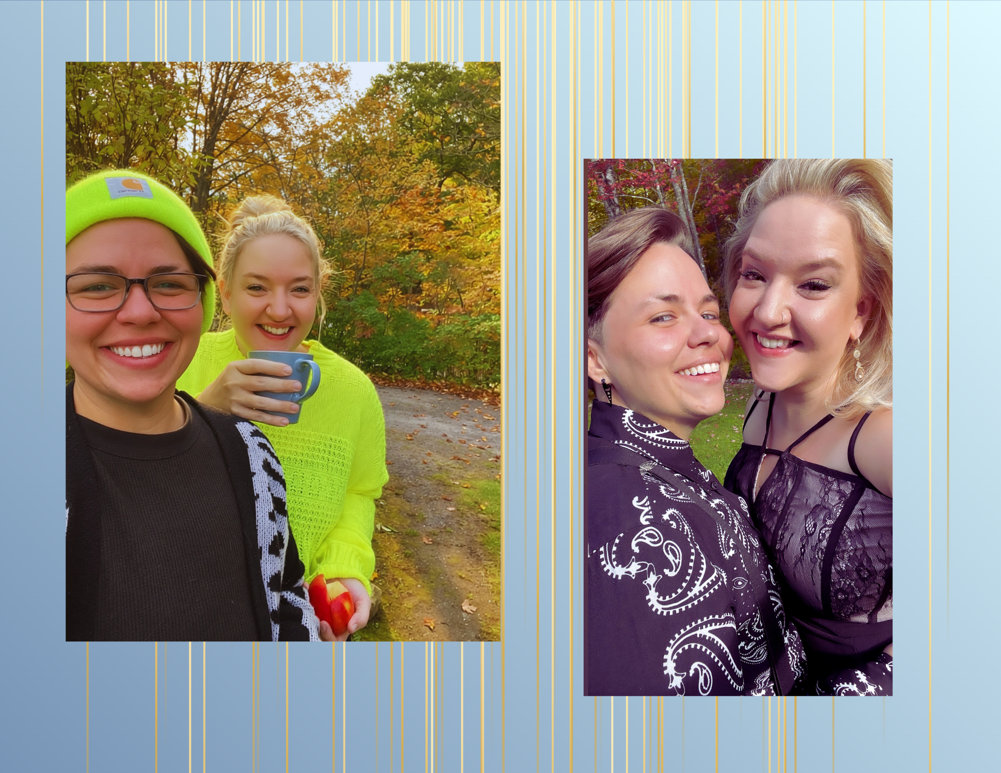 Two photos of women outdoors in autumn, with trees and colorful foliage in the background. The first photo shows two smiling women, one wearing glasses and a bright yellow beanie, holding a mug, and the other holding an apple. The second photo featur