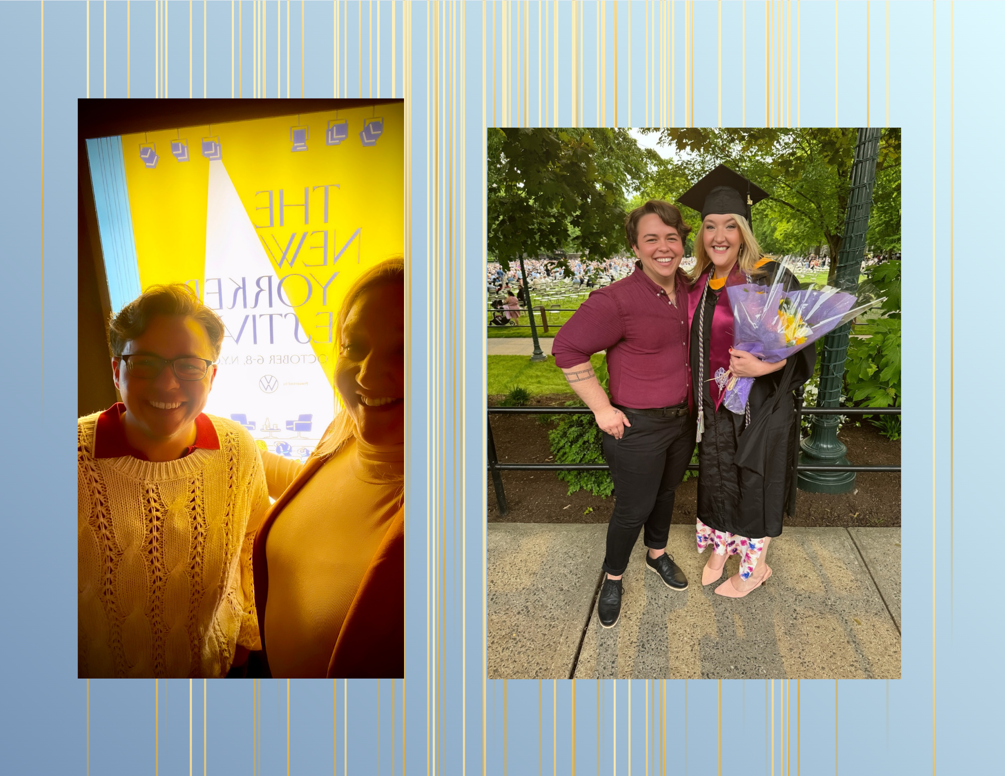 Two photographs: The left image shows two women smiling, one in a beige sweater and the other in a white top, standing in front of a yellow background with text that reads 'THE NEW YORKER' and some small icons; the right image shows two women, one we