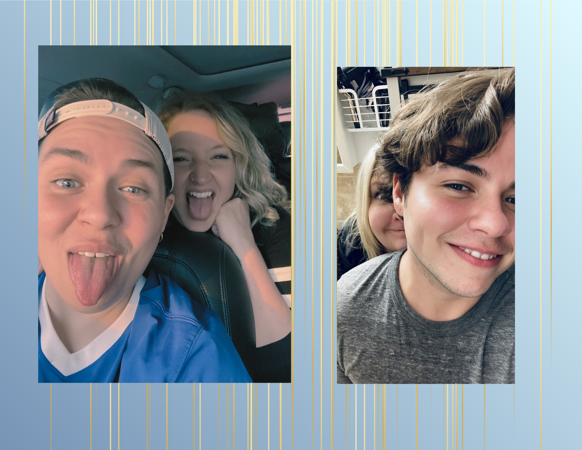 Side-by-side selfie photos of a young man and a young woman. The left photo shows them making silly faces, with the young man sticking out his tongue and the young woman winking. The right photo captures them smiling, with the young woman leaning int