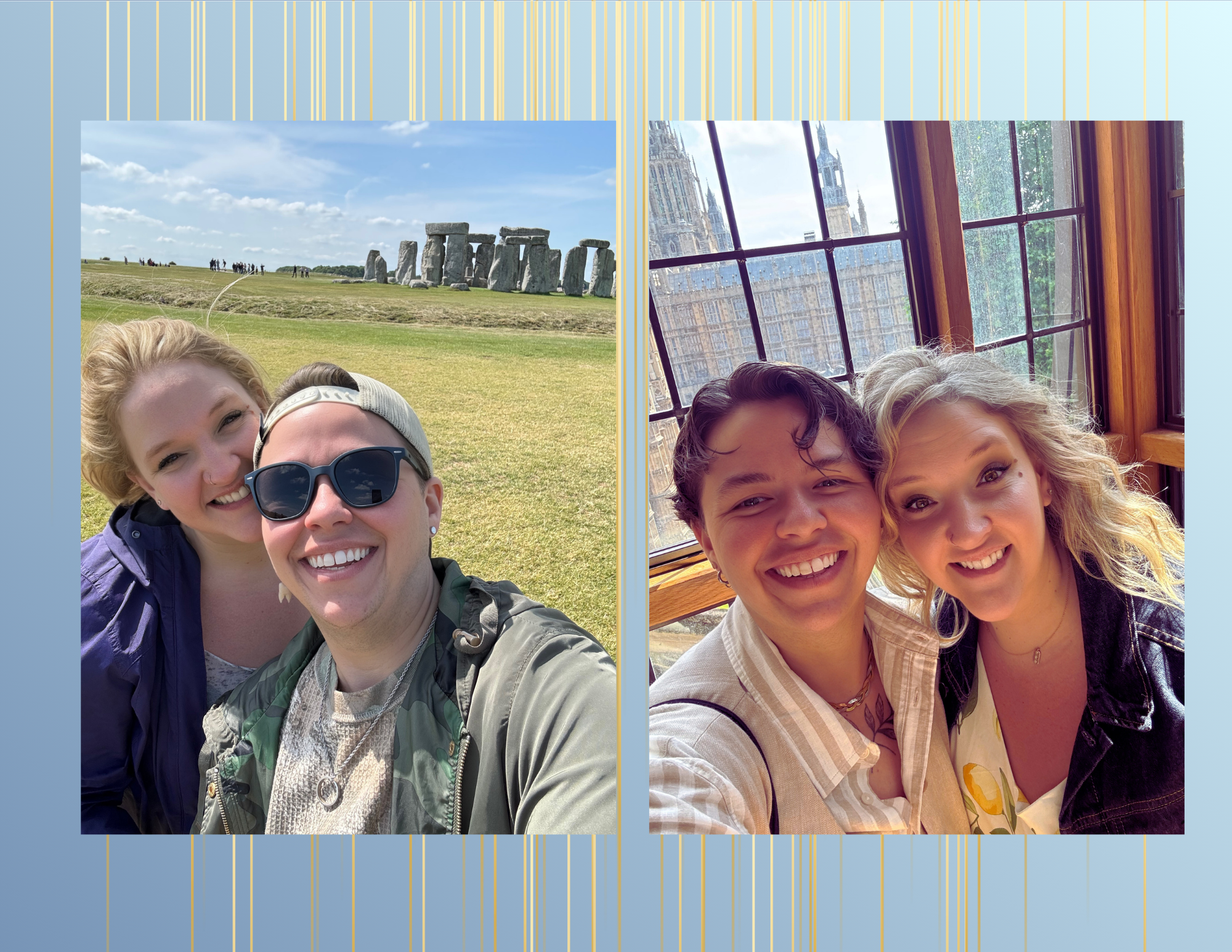 Two photos, one of three friends smiling outdoors at Stonehenge, and another of two friends smiling indoors against a large window showing the London skyline.