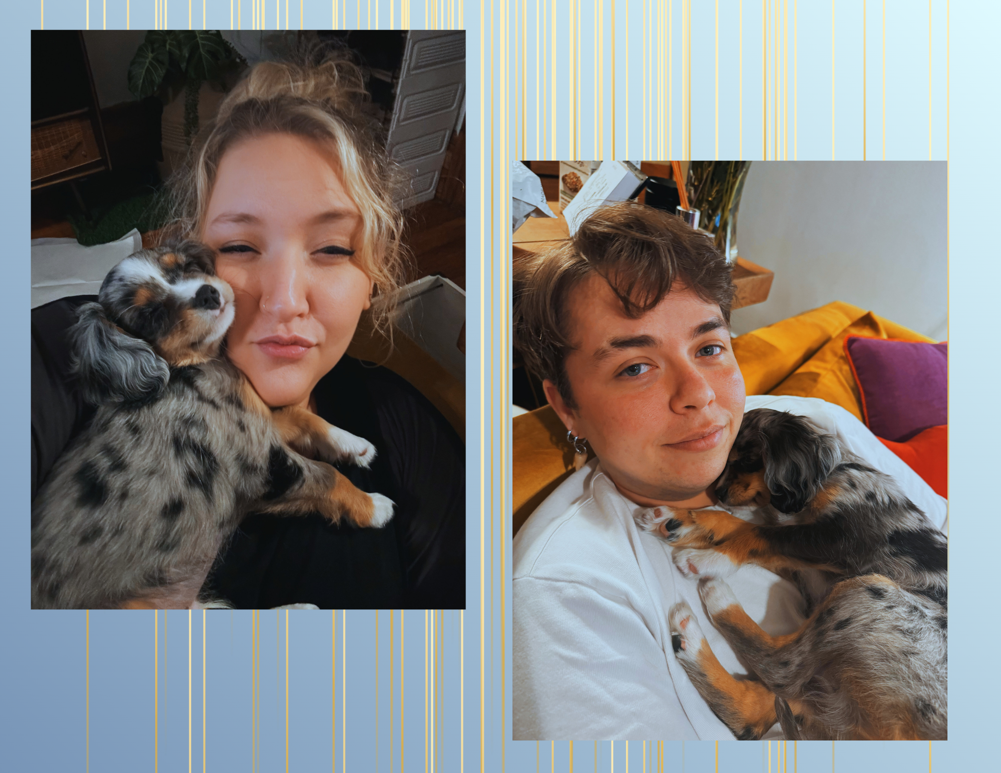 Two people, a woman and a man, each holding a small puppy with a similar black, brown, and white coloration. The woman has blonde curly hair and is making a face with her eyes squinted and lips puckered. The man has brown hair and is looking at the c