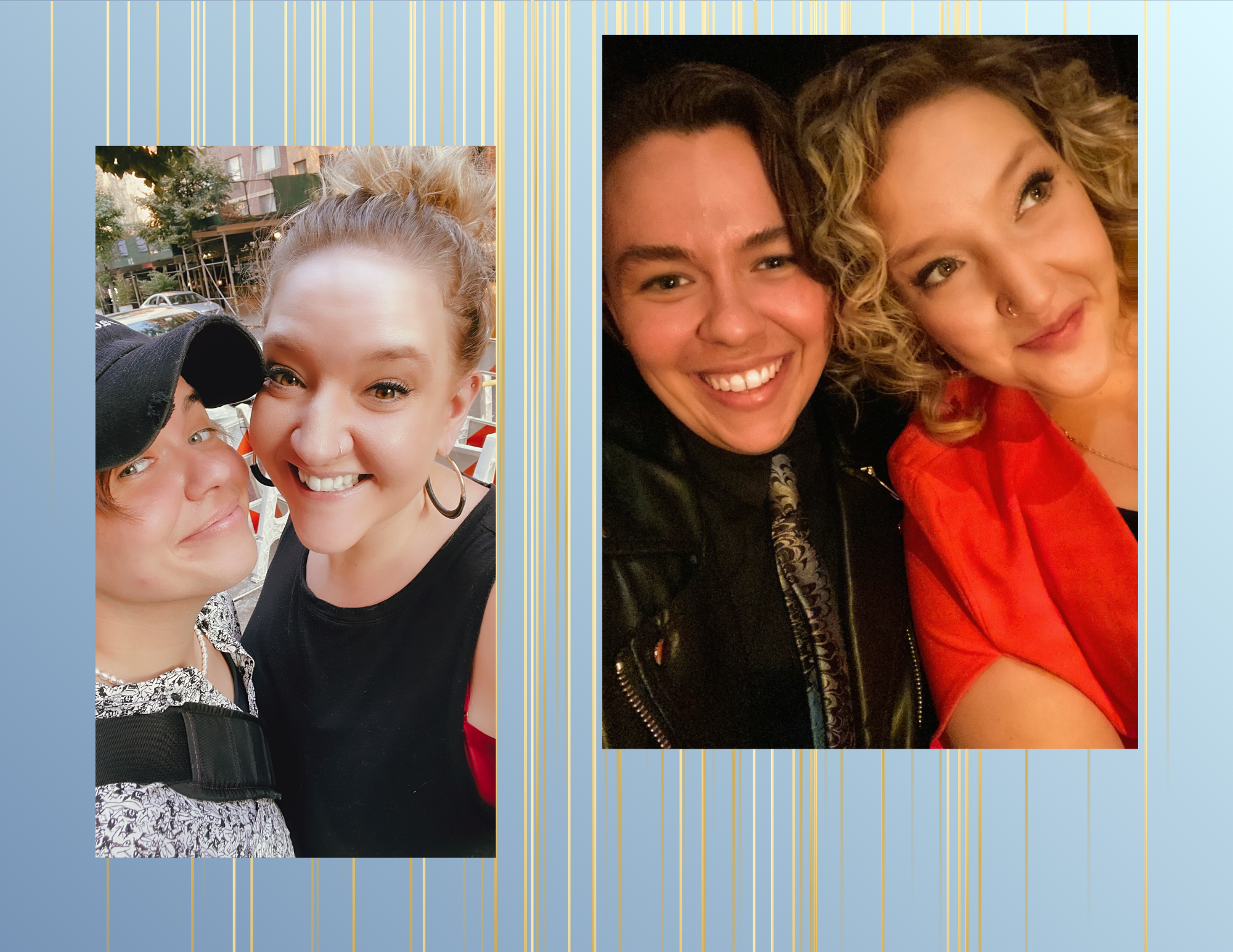 Two pairs of people in separate photos, smiling and close together. The left photo shows a young woman and a young man outdoors, with a building and trees behind them. The right photo shows two women indoors, with one wearing a black leather jacket a