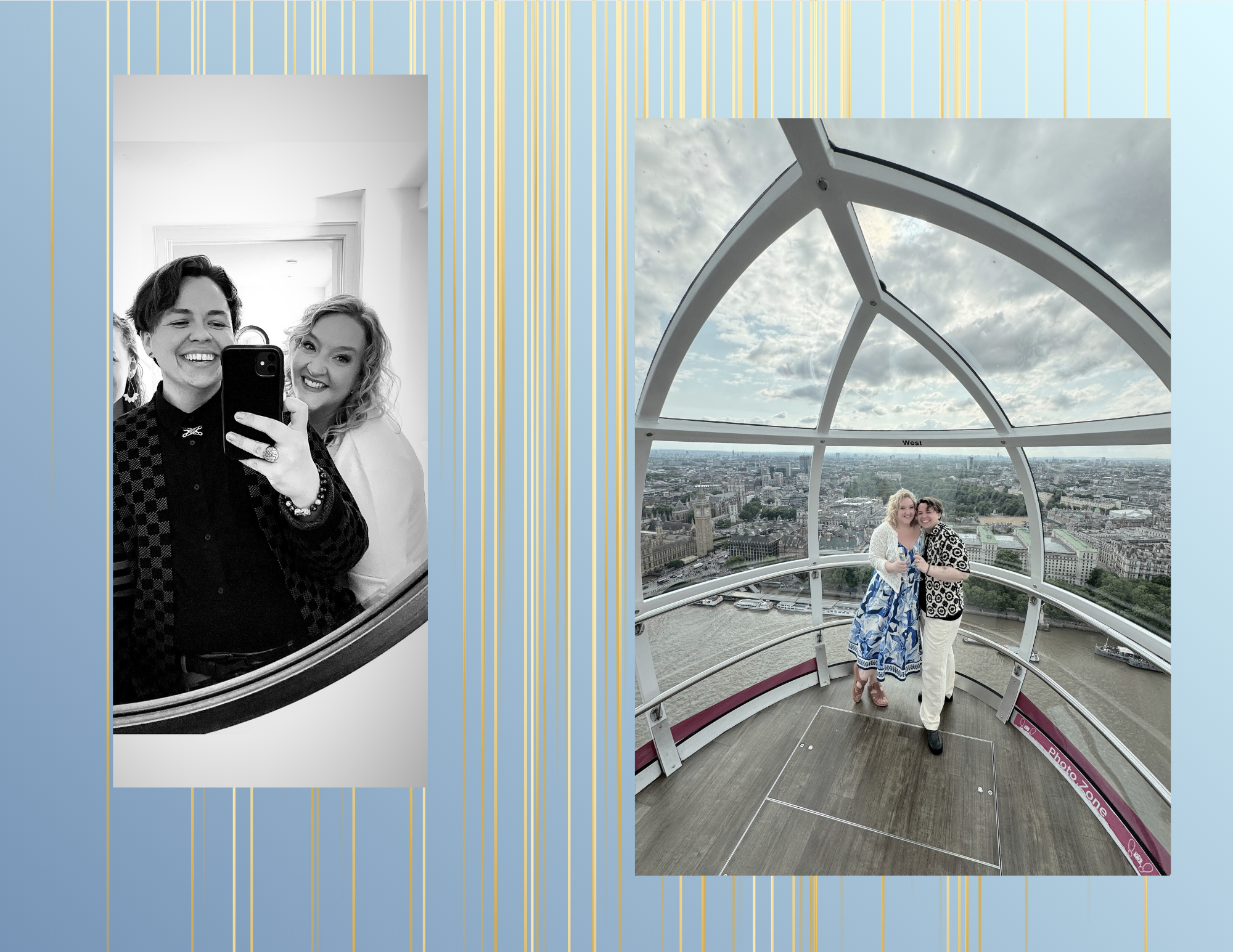 The left photo shows two women taking a mirror selfie, smiling, with one holding a smartphone, indoors in black-and-white. The right photo features two women standing inside the London Eye, smiling and hugging, with a cityscape view of London and the