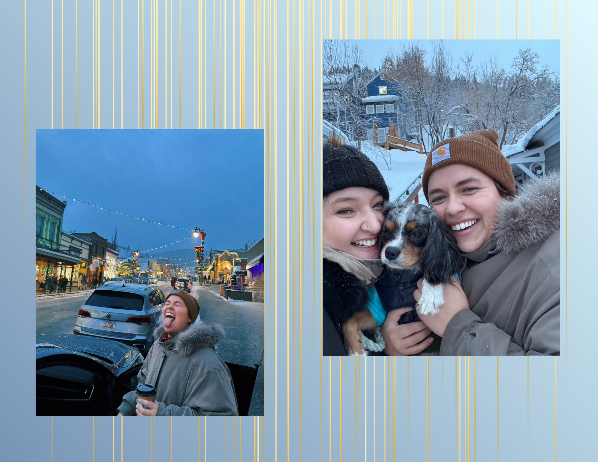 Two women, smiling and holding a dog, in a snowy outdoor setting during winter.