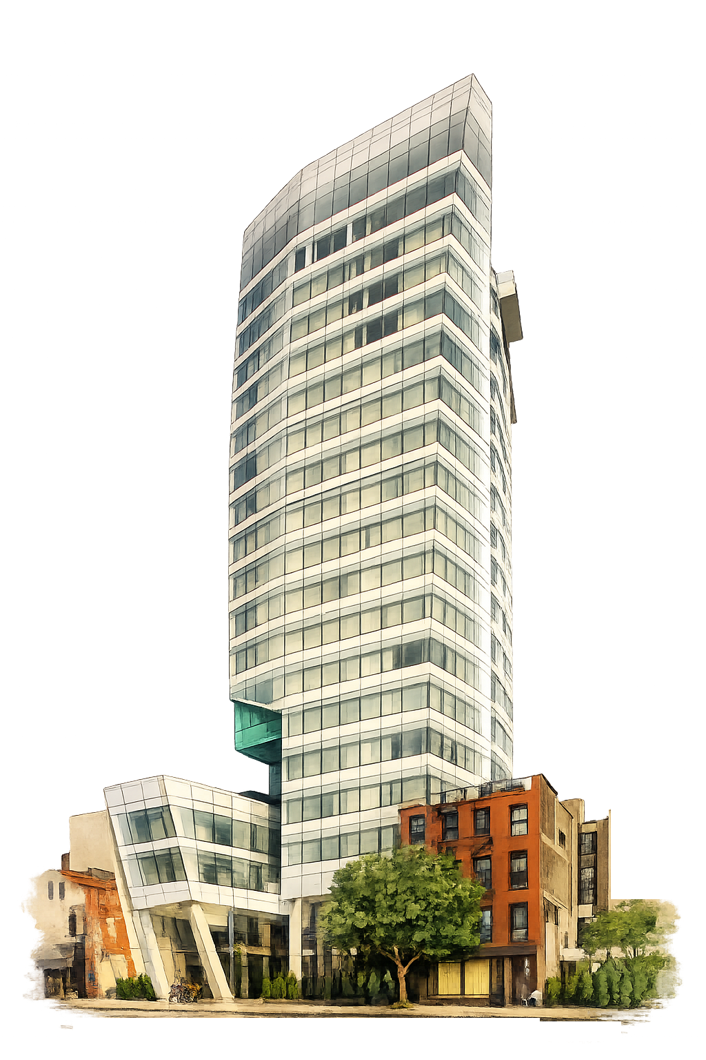 A modern high-rise glass building with curved architecture, adjacent to older, smaller brick residential buildings and trees in front.