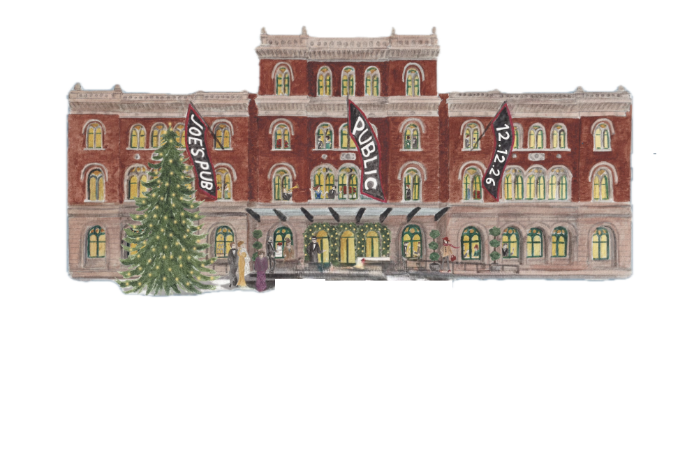 Illustration of a historic brick building with banners displaying 'Joe's Pub', 'Public', and date '12.12.26', decorated for the holidays with a Christmas tree and festive lights.