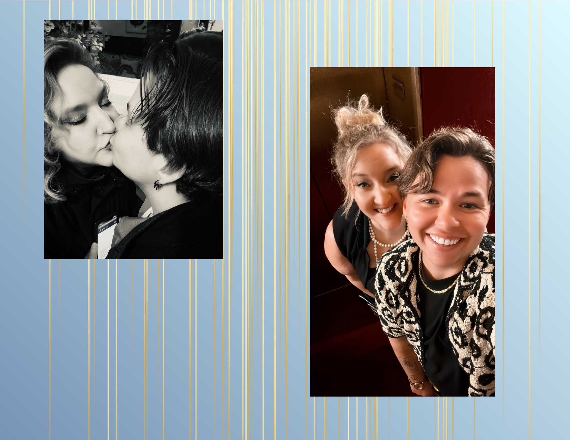 Two women sharing a kiss on the left, one with blonde hair and the other with black hair. On the right, two women smiling and looking up at the camera, one with curly hair and the other with short hair, wearing a leopard-print jacket and a pearl neck