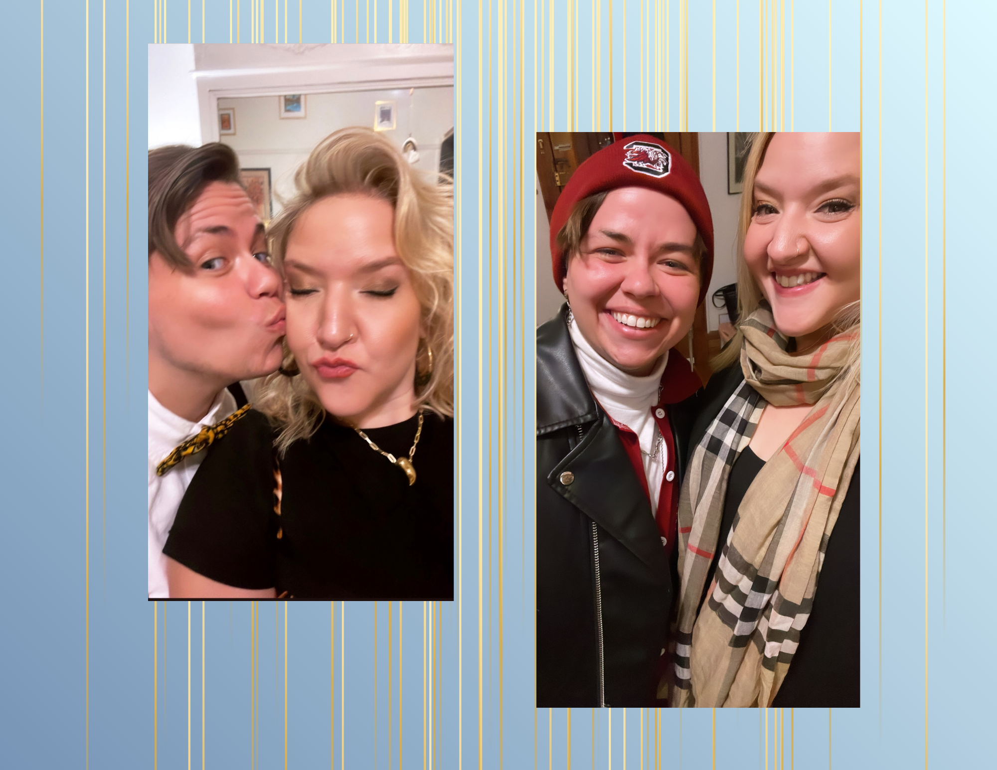Two photos of women smiling and making kissy faces, dressed casually, with one wearing a beanie and leather jacket, and the other with a scarf, all smiling and close together.