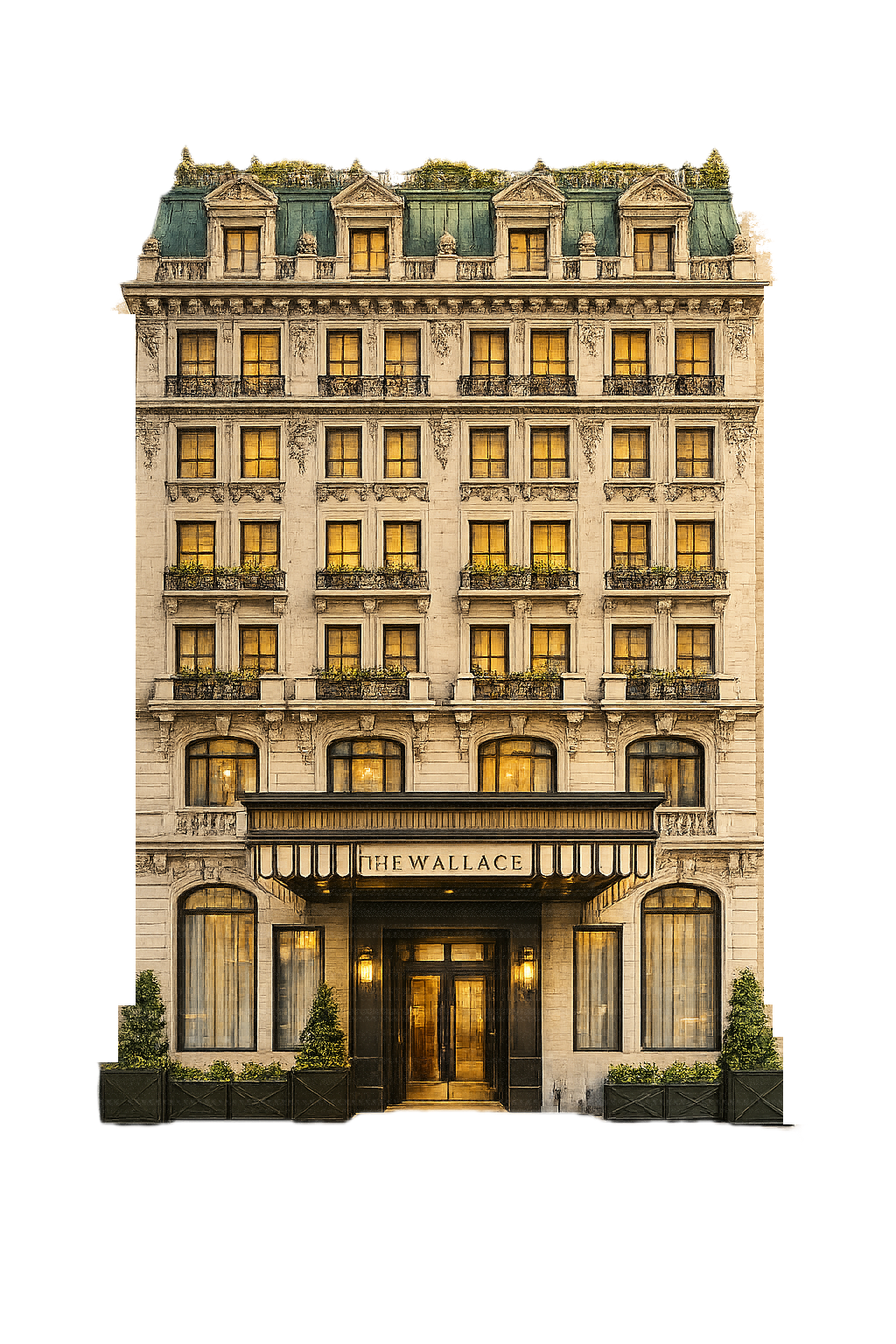 Front view of a tall, historic hotel building named 'The Wallace' with multiple windows, balconies, and a grand entrance.