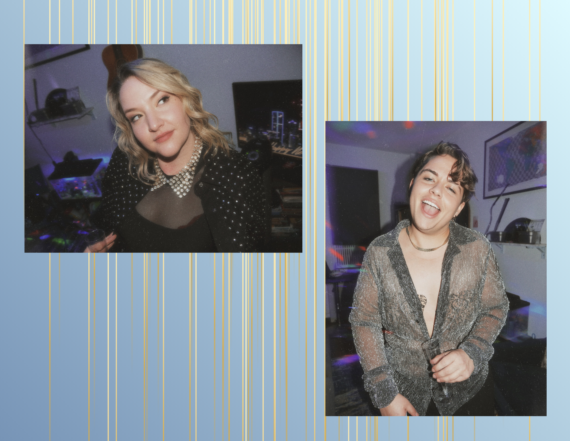 Two women at a party, one with blonde hair wearing a black dress with a sheer top and necklace, the other with short dark hair in a glittery top, both smiling and enjoying the event.