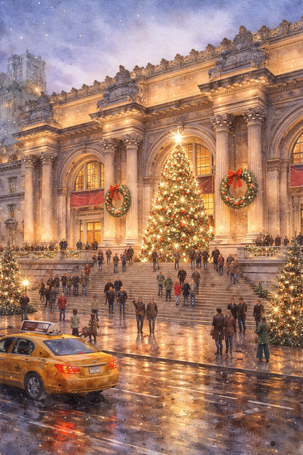 A large Christmas tree decorated with lights, ornaments, and a star on top, positioned in front of a grand, historic building with Christmas wreaths and decorations. People are walking on steps and the wet street in front of the building during snowfall at dusk.