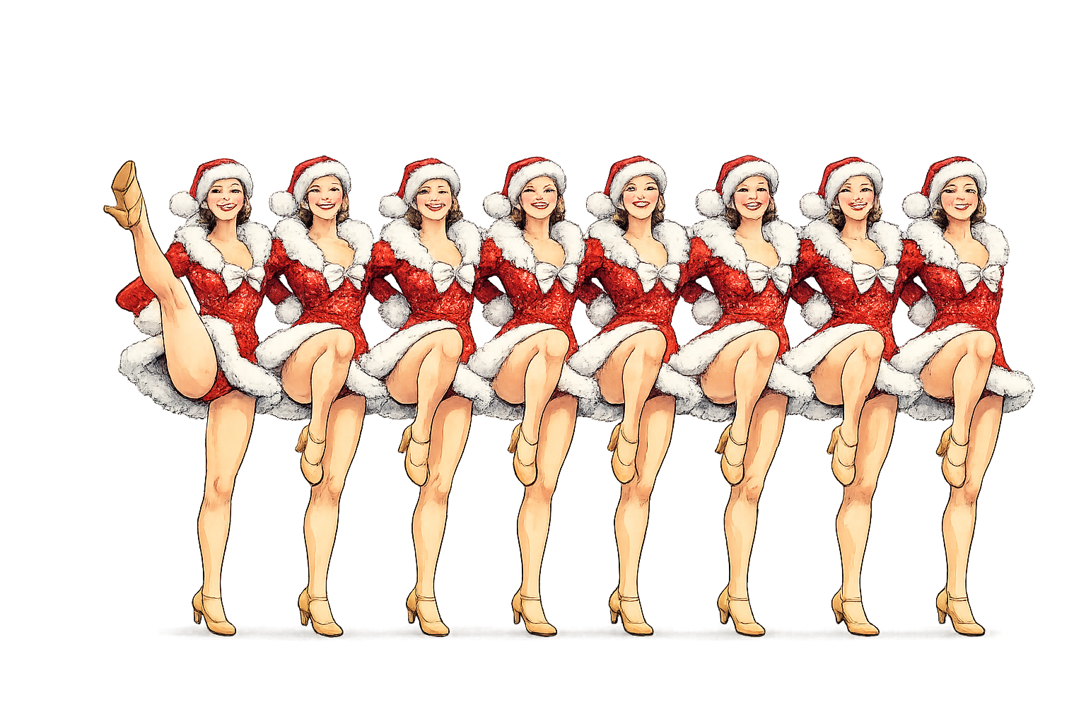 Group of women dressed in Christmas-themed costumes with Santa hats, red dresses with white trim, and high-heeled shoes performing a dance on stage, with one woman lifting her leg.