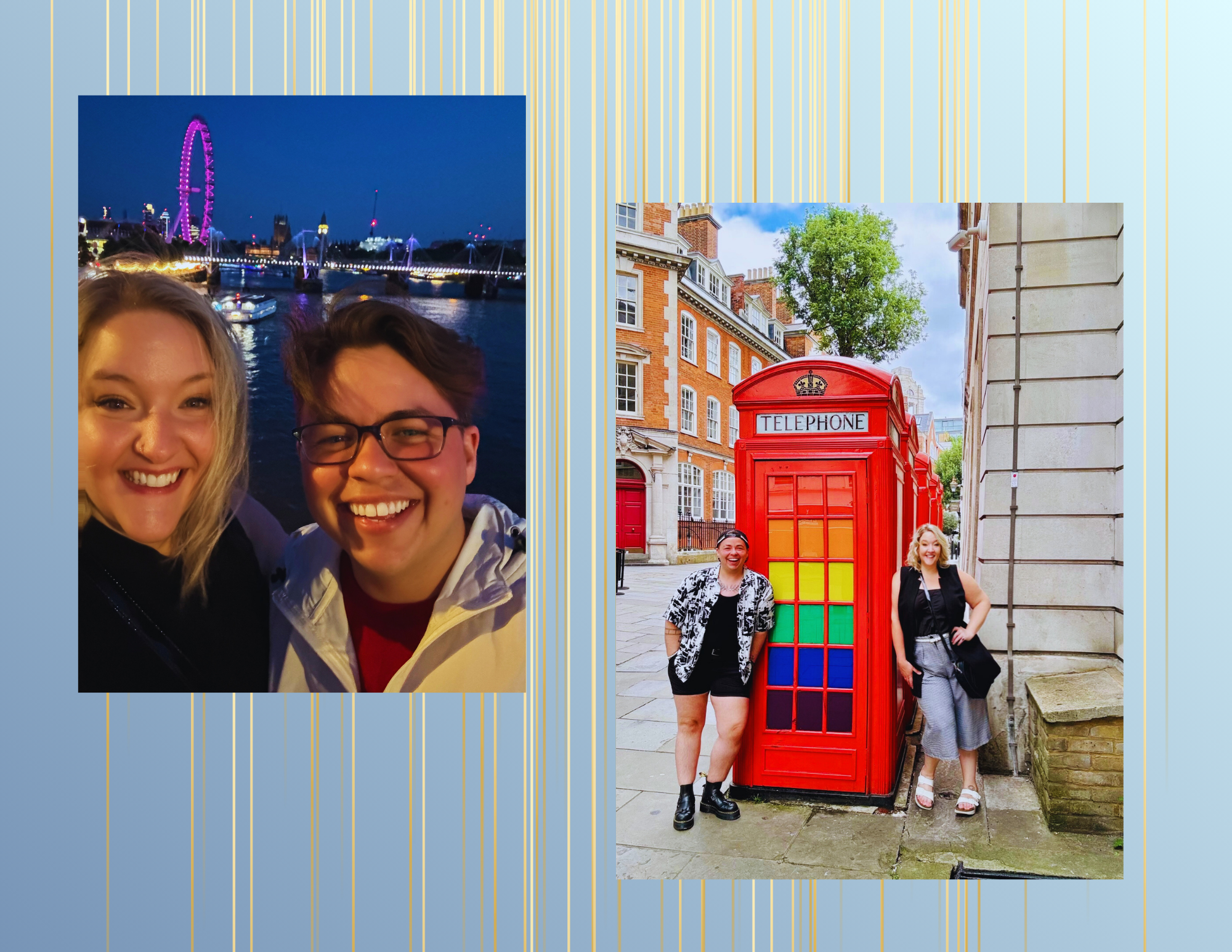 Two women posing next to a red telephone booth on a city street, with historic buildings in the background.