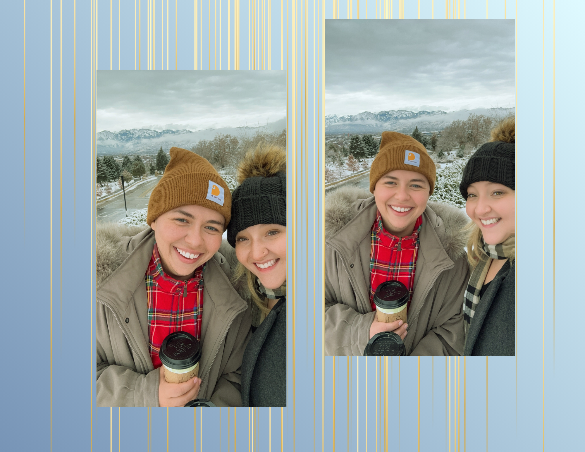 Two women taking a selfie outdoors on a snowy day, with snow-covered trees and mountain ranges in the background. Both are smiling; one is wearing a brown beanie and the other a black beanie, and one is holding a coffee cup.