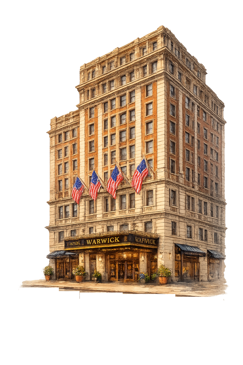 Historic hotel building with multiple American flags displayed above the entrance, which has a black and gold sign reading 'Warwick.'