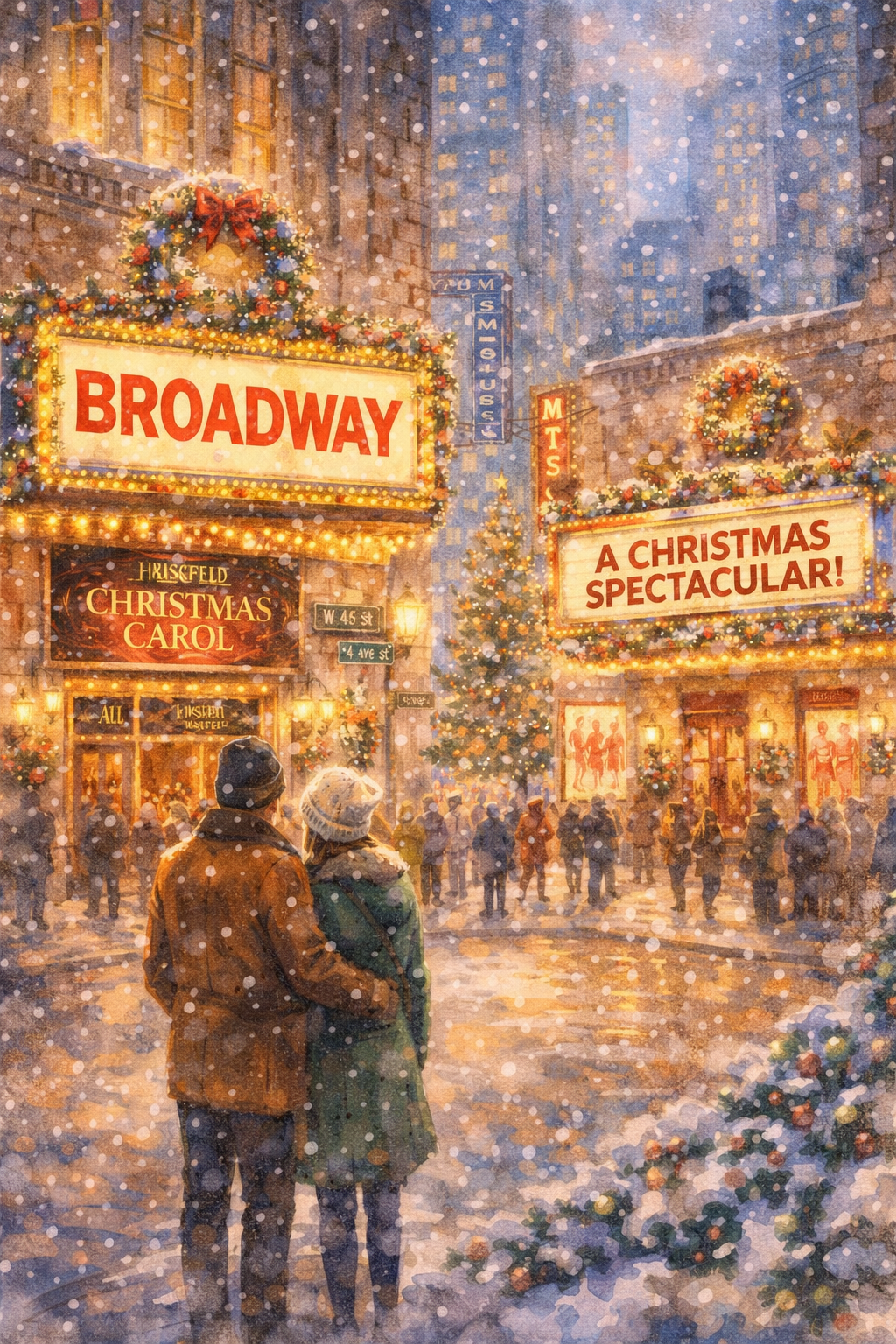 A festive street scene with Christmas decorations, a large decorated Christmas tree, and a crowd of people. Brightly lit signs read "BROADWAY" and "A CHRISTMAS SPECTACULAR!" with a theater marquee promoting "Hersfeld Christmas Carol." Snow is falling.