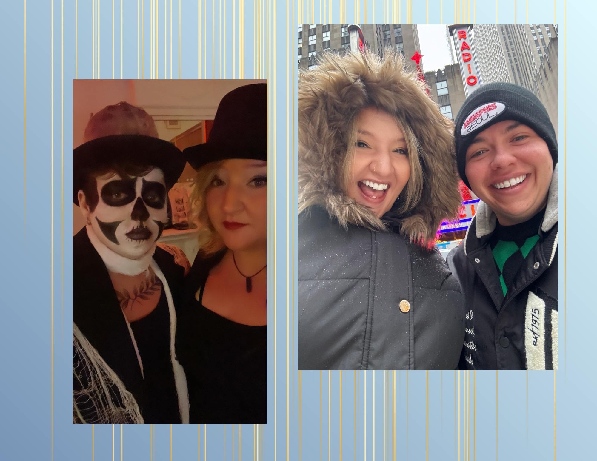 Two young women smiling for a photo, one wearing a furry hooded jacket and the other in a black jacket with a beanie, in an urban setting with neon signs. On the left, a person in costume with black and white face paint resembling a skull or Dia de l