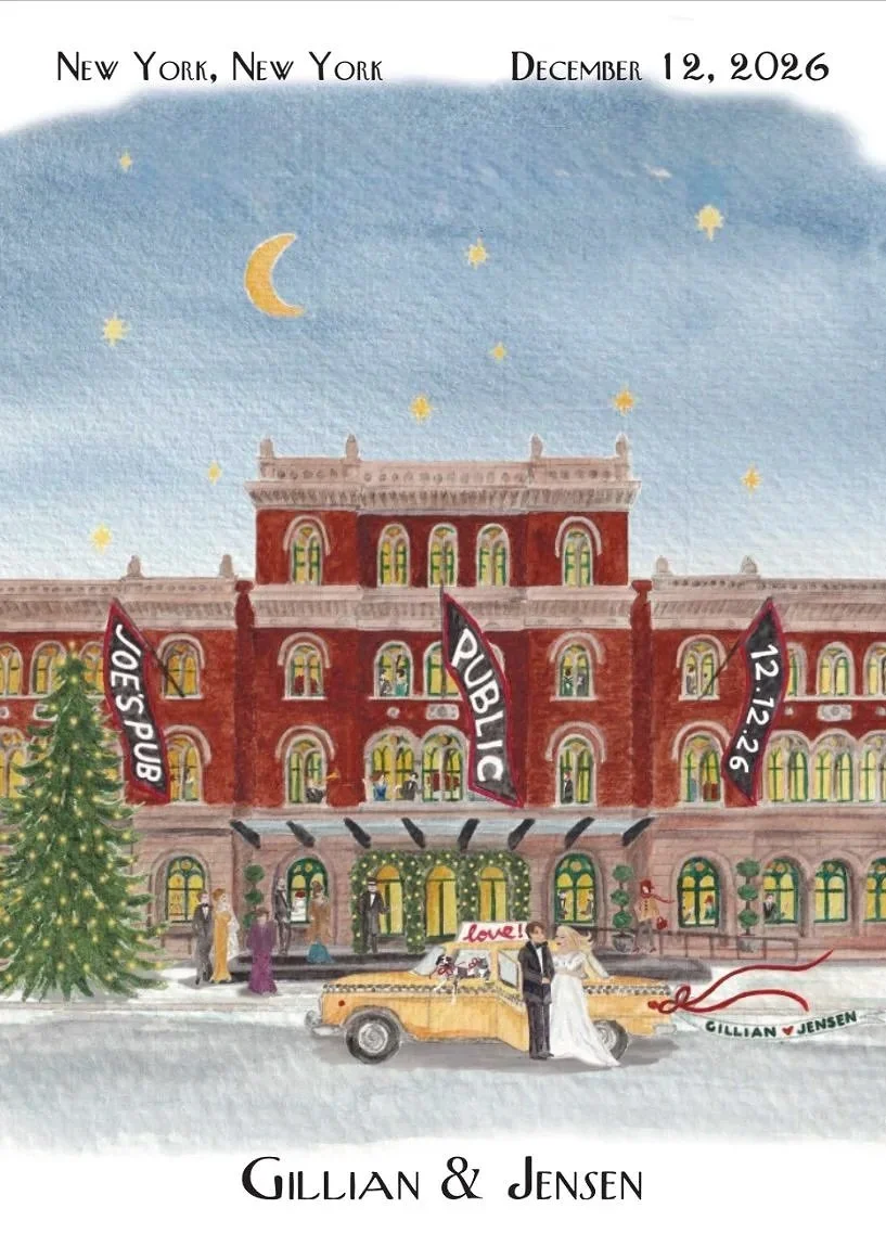 A watercolor painting of a festive scene in front of a red brick building with green lit windows, decorated with banners that read 'Joe's Pub', 'Public', and '12.12.26'. A Christmas tree with lights is on the left side, and a bride and groom stand next to a classic yellow car with a sign that says 'Love'. The scene is set on December 12, 2026, in New York City, with a crescent moon and stars in the sky.