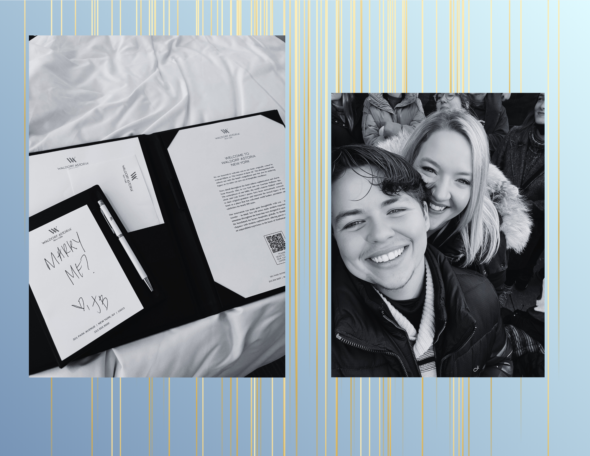 Black and white photograph of an open folder with documents, one paper with handwritten text asking "Marry me?" signed with initials, and a pen resting on the folder. Beside the folder is a printed document with formal text. The background is a, soft