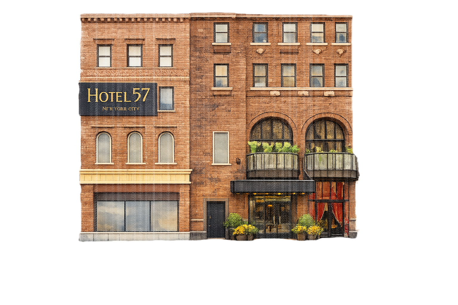 Red brick hotel building with a sign reading "Hotel 57 New York City," featuring large windows, balconies with plants, and potted flowers at the entrance.