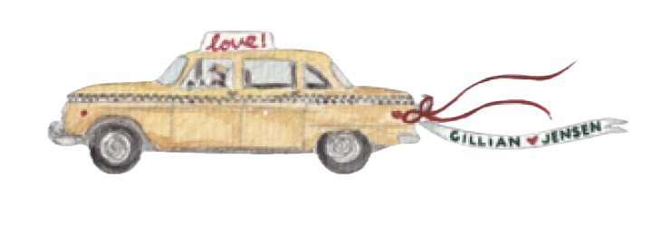 Illustration of a vintage yellow taxi cab with a 'Love!' sign on top and multicolored streamers or ribbons attached to the front.