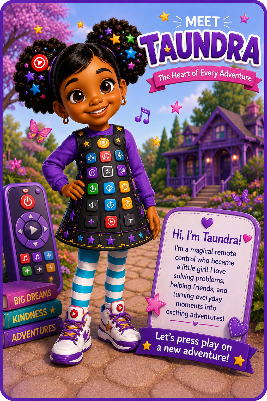 The cover of a children's book titled 'Meet Taujndra: The Heart of Every Adventure' features a young girl character with dark skin and big eyes, wearing a purple sweater, a black skirt decorated with colorful stars, striped blue and white socks, and white sneakers with purple laces and star designs. She has dark curly hair adorned with colorful star-shaped hair ties and wears earrings. She is standing outdoors on a stone path with a purple house, green trees, and flowering bushes in the background. Next to her is a purple remote control with colorful buttons and a purple box with books titled "Big Dreams," "Kindness," and "Adventures." A large white signboard next to her introduces her as Taujndra, a magical remote control who loves solving problems and turning everyday moments into adventures. The book cover is vibrant and playful, with stars, butterflies, musical notes, and a purple border.