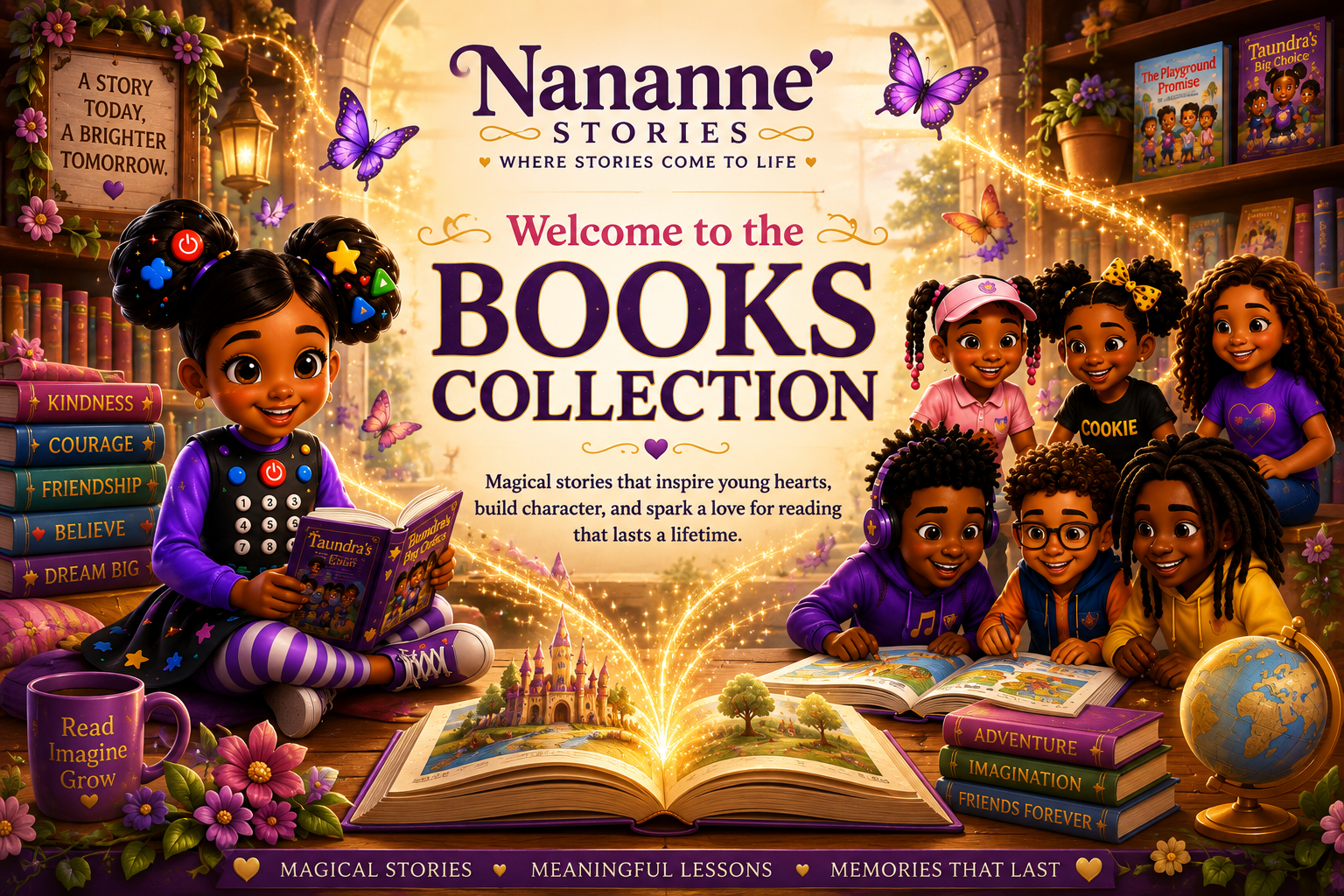 Colorful children's book advertisement featuring diverse children reading and surrounded by books, flowers, a globe, and fairy lights, promoting inspiring stories that foster imagination and friendship.