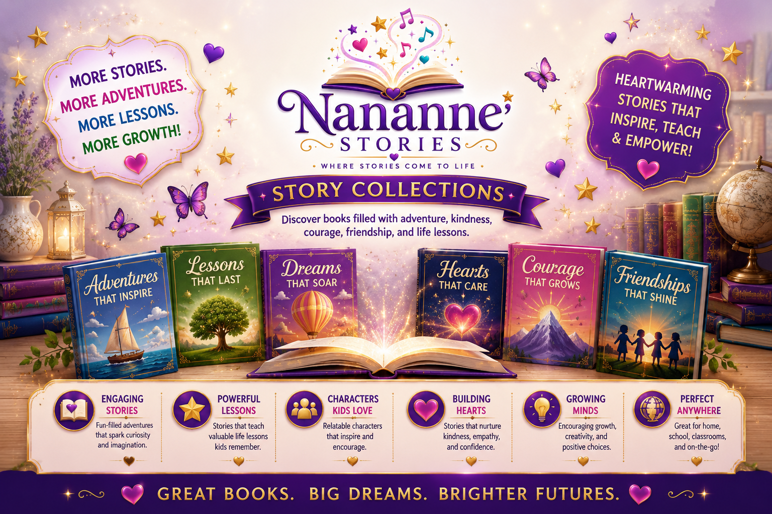 An advertisement for Nanne Stories, promoting story collections for children. It features colorful book covers titled Adventures That Inspire, Lessons That Last, Dreams That Soar, Hearts That Care, Courage That Grows, and Friendships That Shine. The background is decorated with stars, hearts, butterflies, and books, with text highlighting adventures, lessons, kindness, bravery, and friendship, and emphasizing that stories inspire and empower children.
