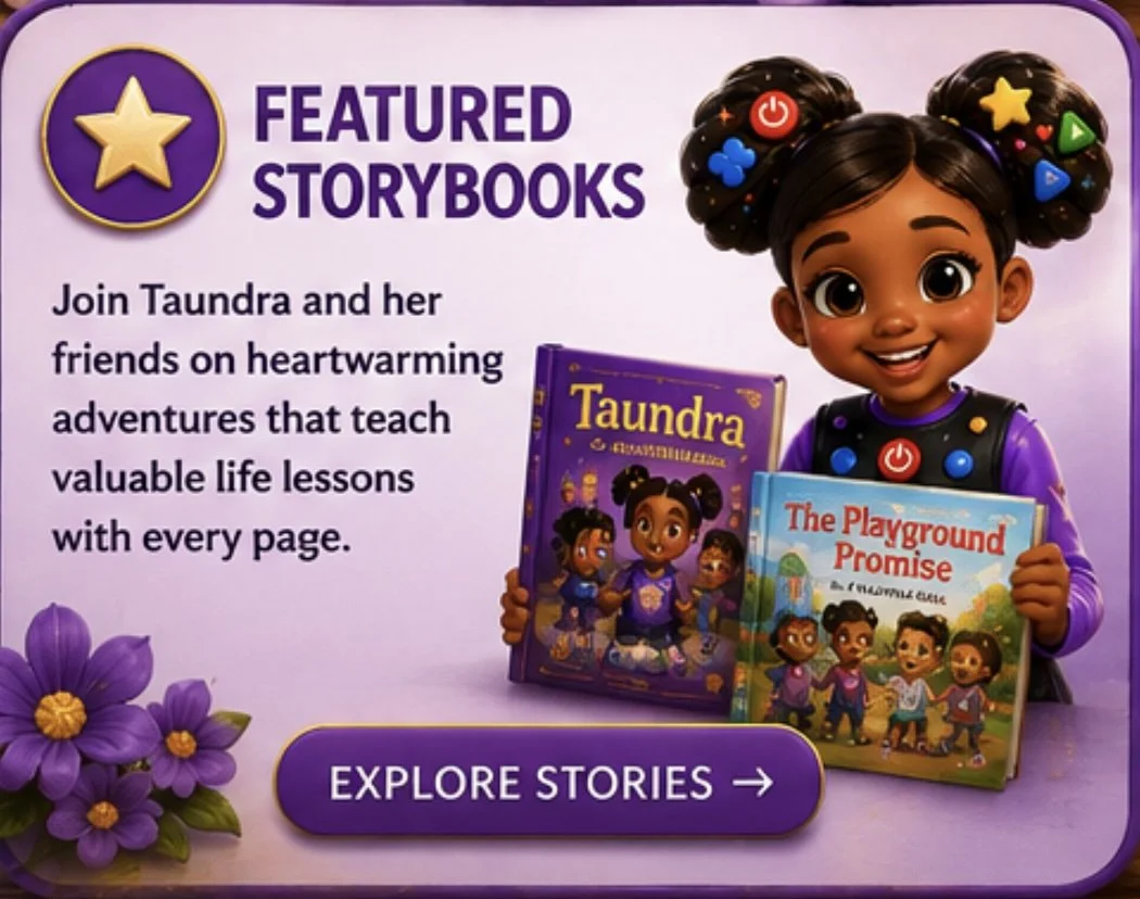 Advertisement for featured storybooks with a girl holding two books, titled 'Taundra' and 'The Playground Promise', surrounded by purple flowers and a purple button that says 'Explore Stories'.
