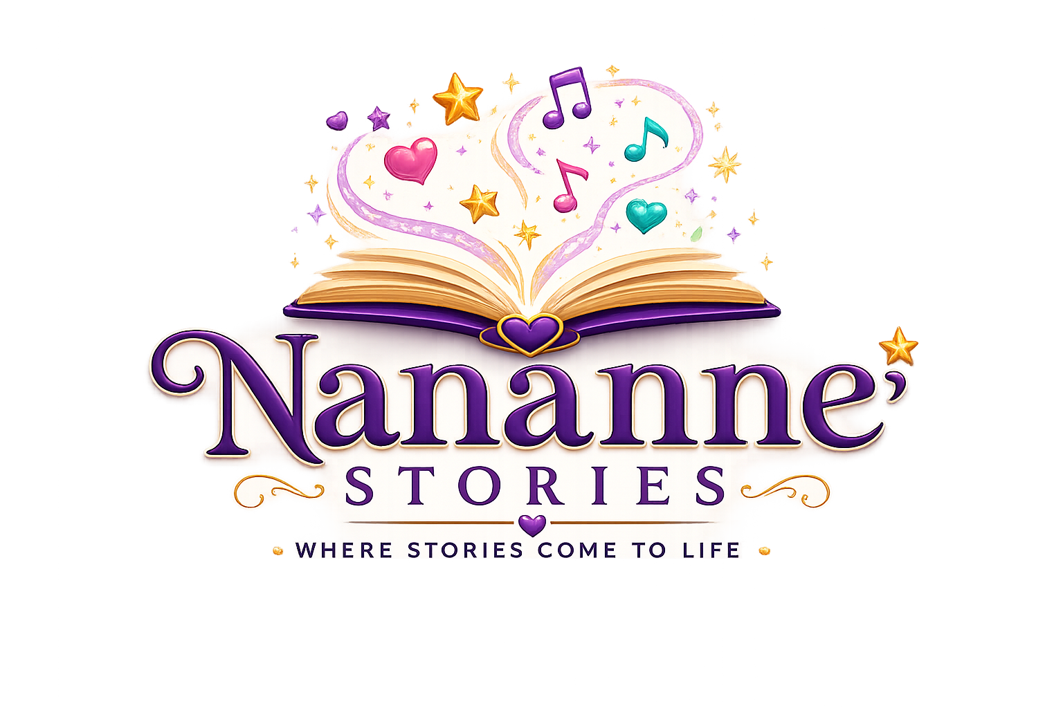 Logo for Nananne's Stories featuring an open book with colorful musical notes, hearts, and stars emerging from it, with the tagline 'Where stories come to life'.