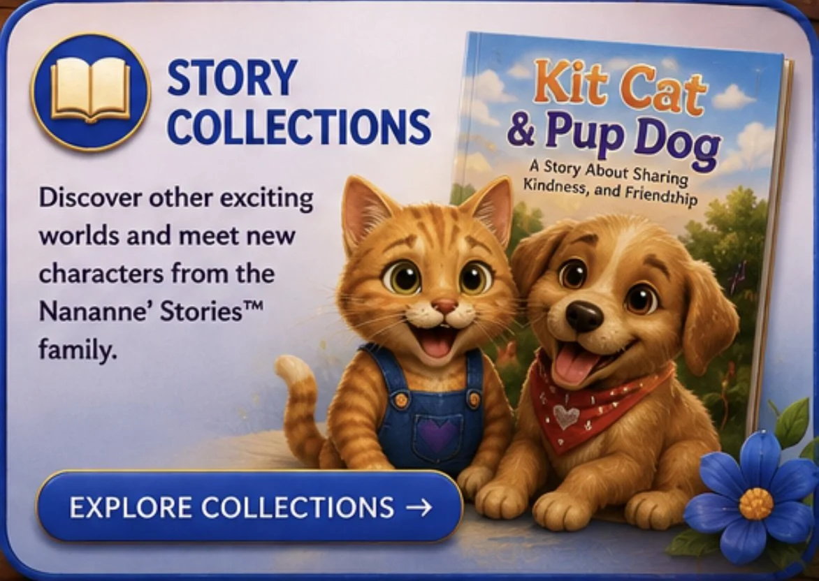 An advertisement for Nananné' Stories features two animated characters, a kitten with orange fur and a puppy with tan fur, sitting together outdoors. The kitten is wearing blue overalls, and the puppy has a red bandana. The background shows a blue sky with clouds and some green trees. The ad promotes story collections about sharing kindness and friendship, with a button labeled "Explore Collections." A book titled "Kit Cat & Pup Dog" is also displayed.