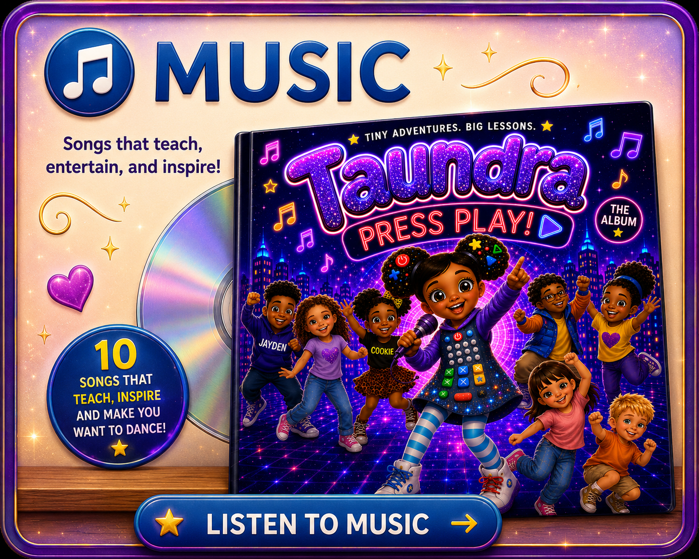 A children's music album cover titled "Toundra Press Play!" featuring animated children dancing in a cityscape with neon lights, stars, and musical notes.