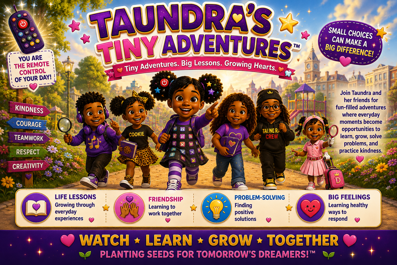 Colorful children's game titled "Taurnda's Tiny Adventures" featuring six diverse young girls walking in a park. The game emphasizes kindness, courage, teamwork, respect, and creativity. The background includes a sunset sky and a cityscape with a playground. Text highlights lessons on life, friendship, problem-solving, and feelings, with a tagline "Watch Learn Grow Together" and subtext about planting seeds for future dreams.