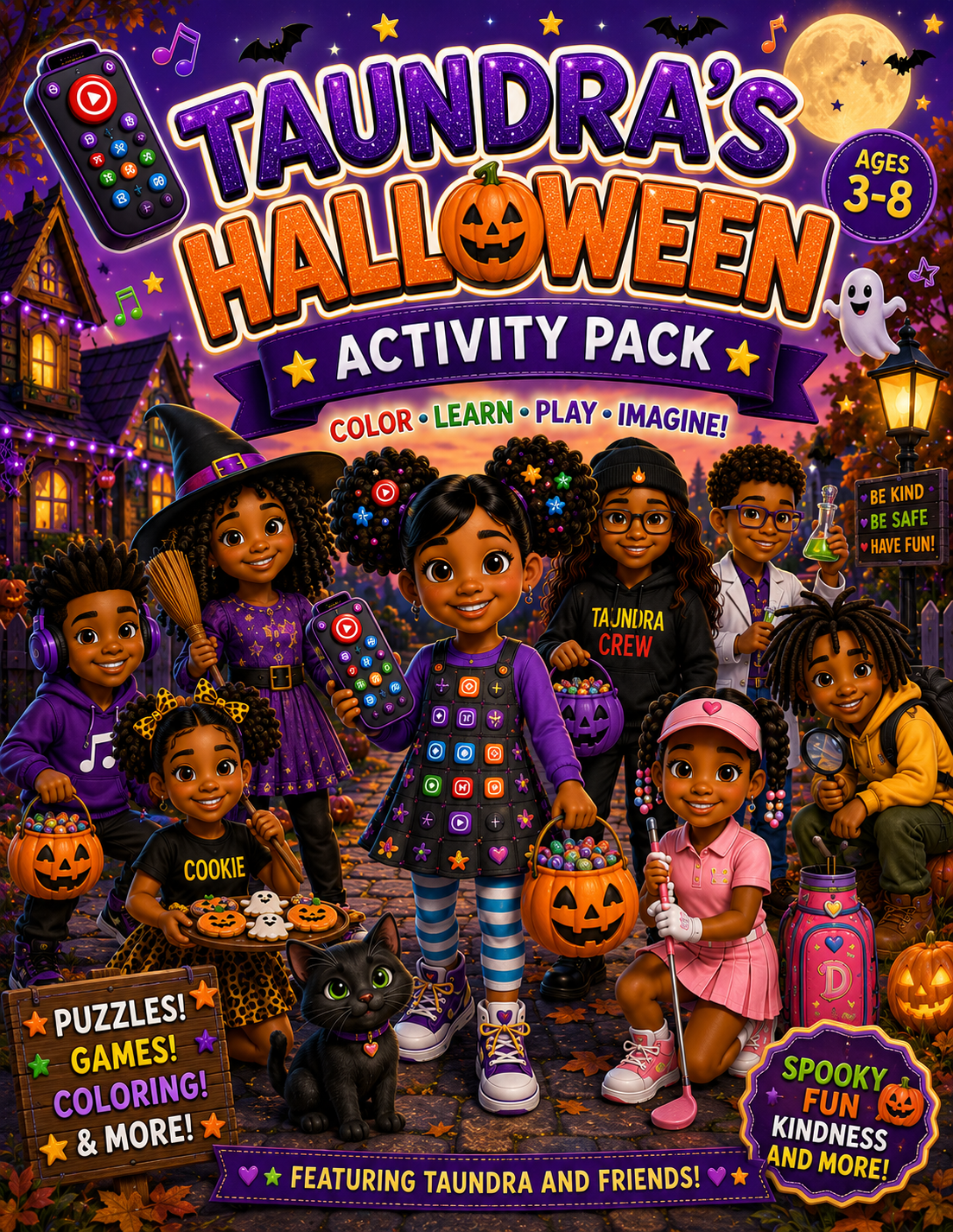 Taundra's Halloween Activity Pack™ filled with kid-friendly games, coloring pages, puzzles, learning activities, pumpkins, costumes, and festive fun for children.
