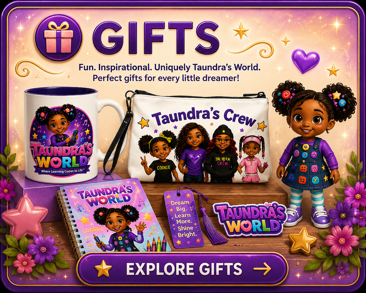 Colorful display of 'Taundra's World' toys and merchandise, including a mug, notebook, bag, doll, and various accessories, with vibrant purple and pink theme, surrounded by flowers and stars.
