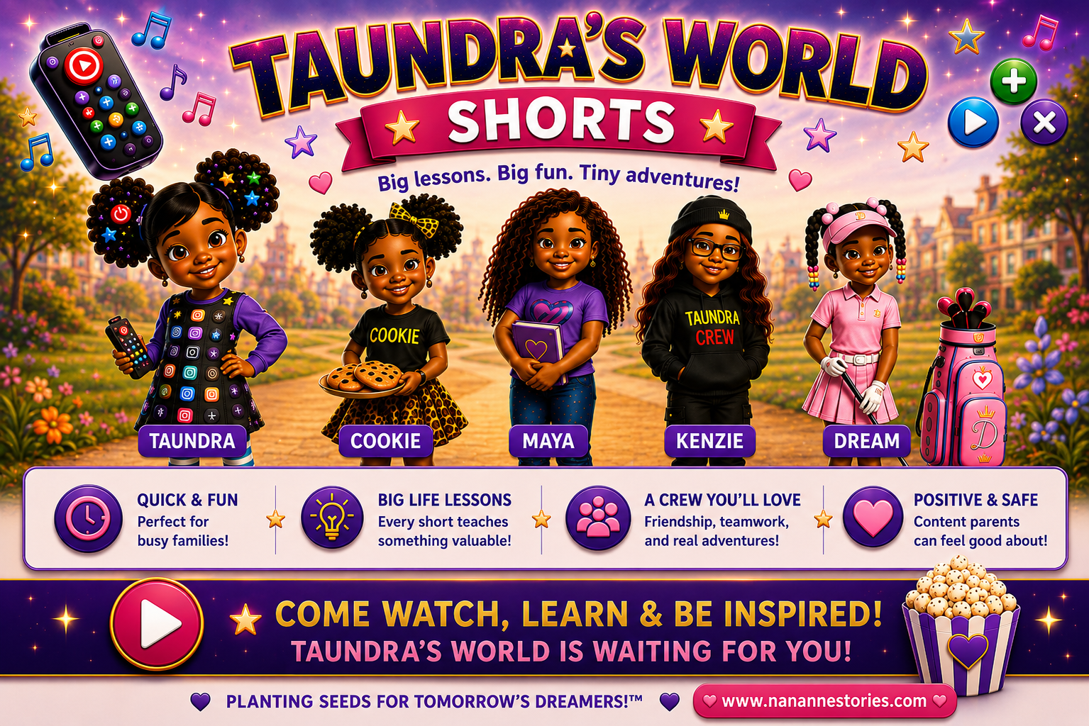 Colorful promotional graphic for Tautrda's World Shorts featuring five diverse young girls, each with a unique style and holding items like cookies, a book, and a golf club, set against a park background with trees and buildings. The image includes icons of a remote control, musical notes, and buttons, with text promoting lessons and adventures for children.