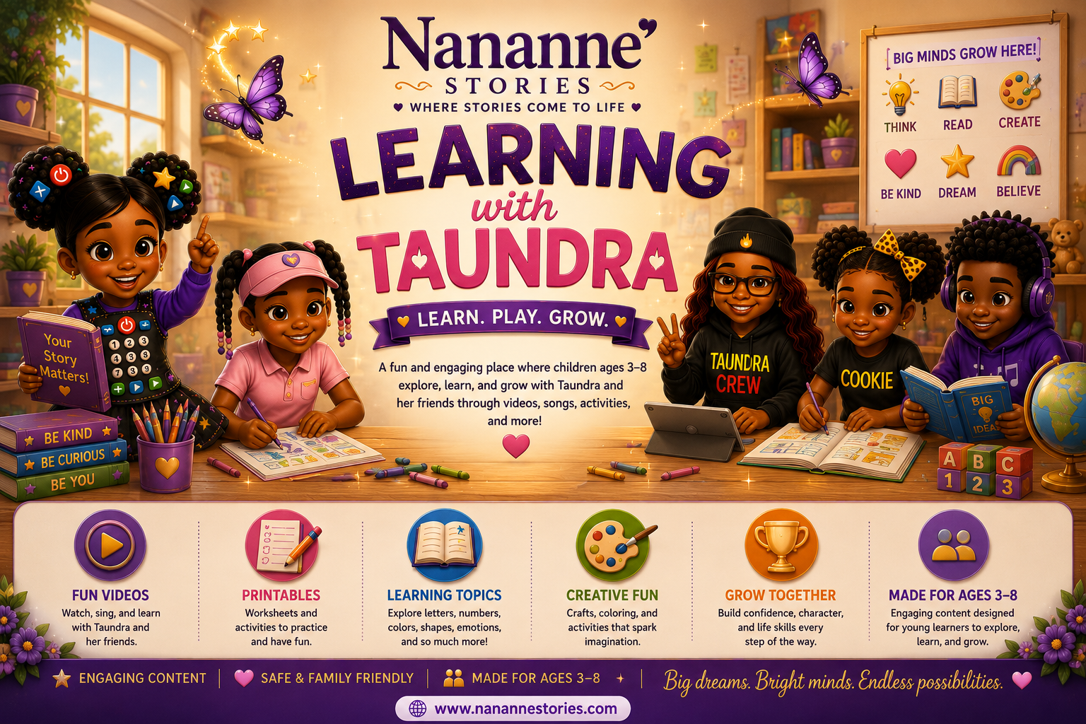 Children engaged in arts, reading, and activities at Nananne Stories learning center with colorful decorations and educational posters.