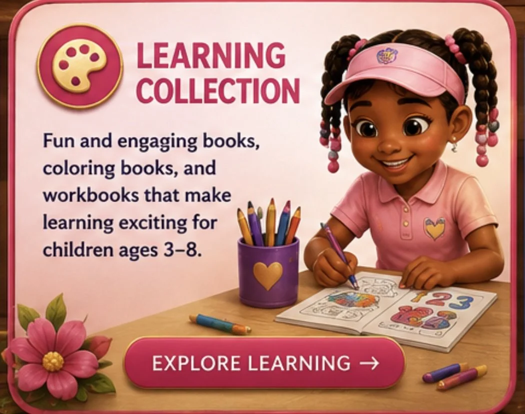 A promotional image for a children's learning collection features a young girl with braided hair, wearing a pink cap and polo. She is sitting at a table coloring in a workbook. The scene is decorated with colorful flowers and a purple container holding colored pencils. Text describes fun books, coloring books, and workbooks for children ages 3-8, with a pink button labeled 'Explore Learning'.