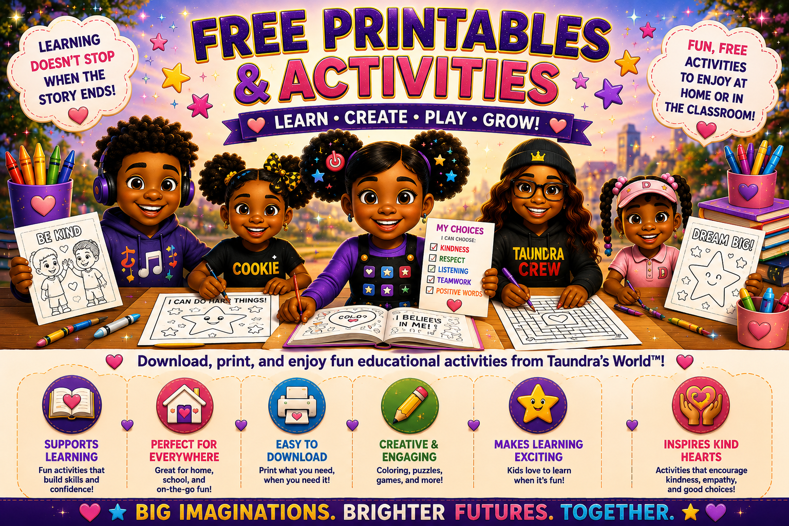 Promotional poster for free printable educational activities featuring diverse children engaging in arts and crafts, with colorful text and icons promoting learning, creativity, and kindness.